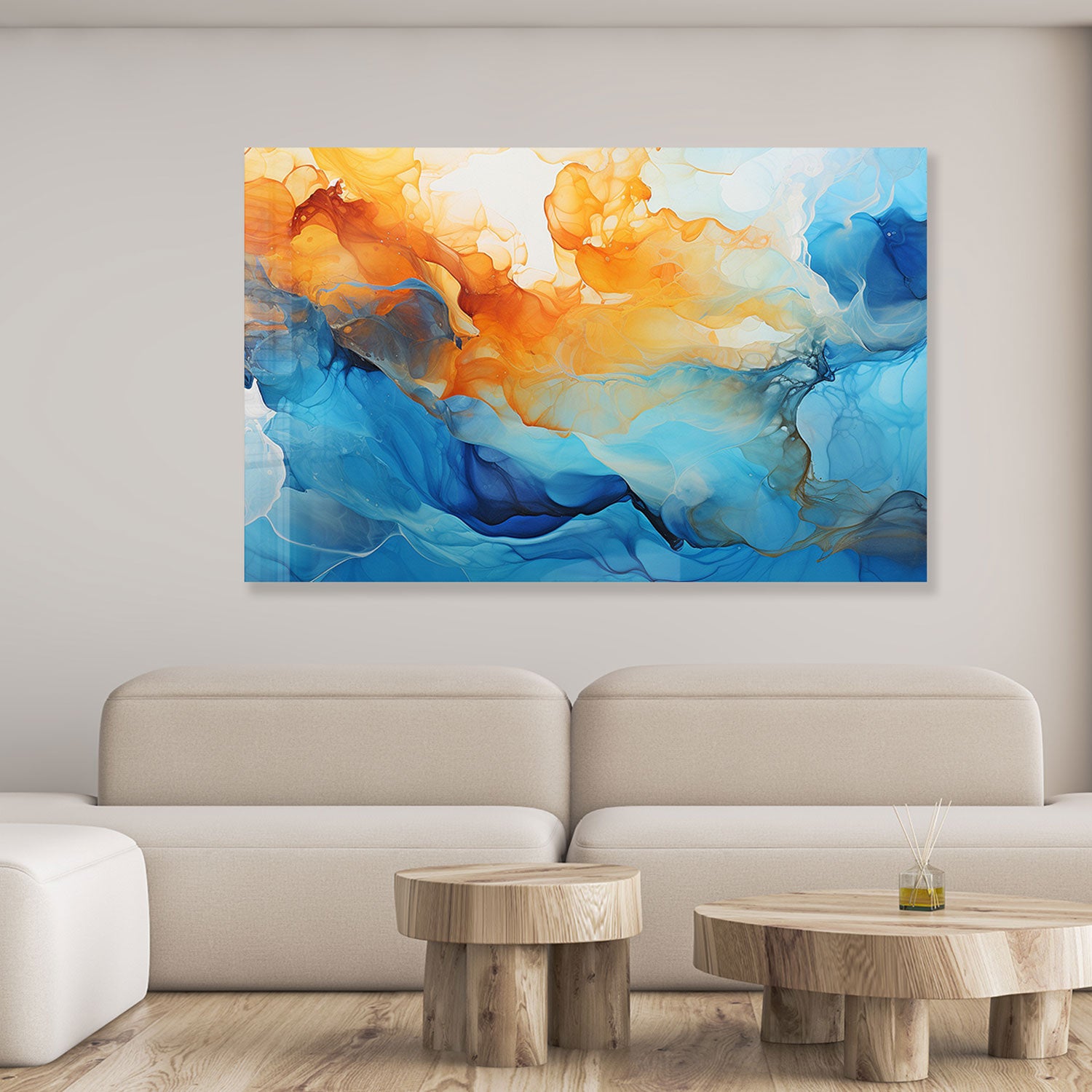 Orange&Blue Abstract - Tempered Glass Wall Art