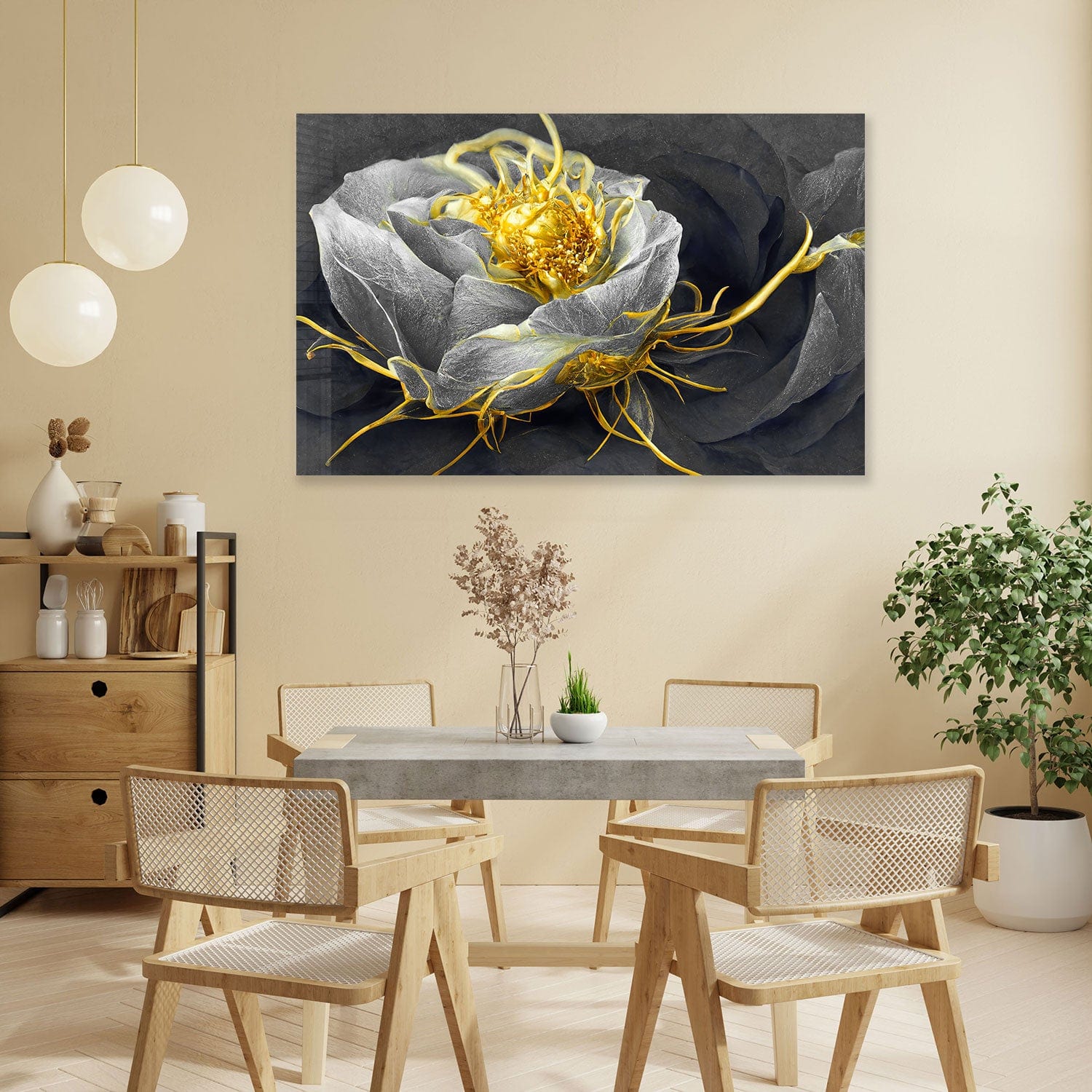 Artronauts Glass Print Golden Black Flower - Tempered Glass Wall Art