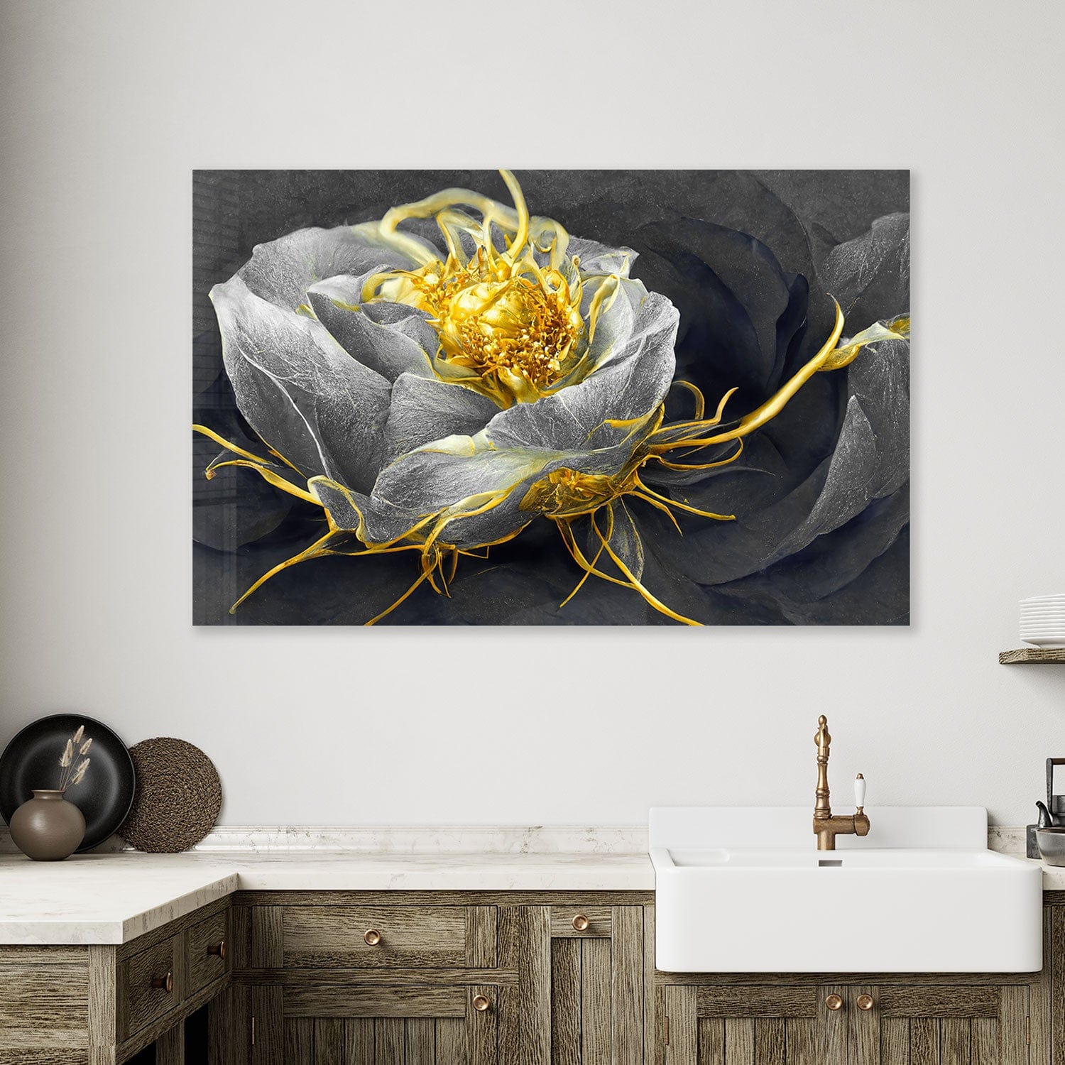 Artronauts Glass Print Golden Black Flower - Tempered Glass Wall Art