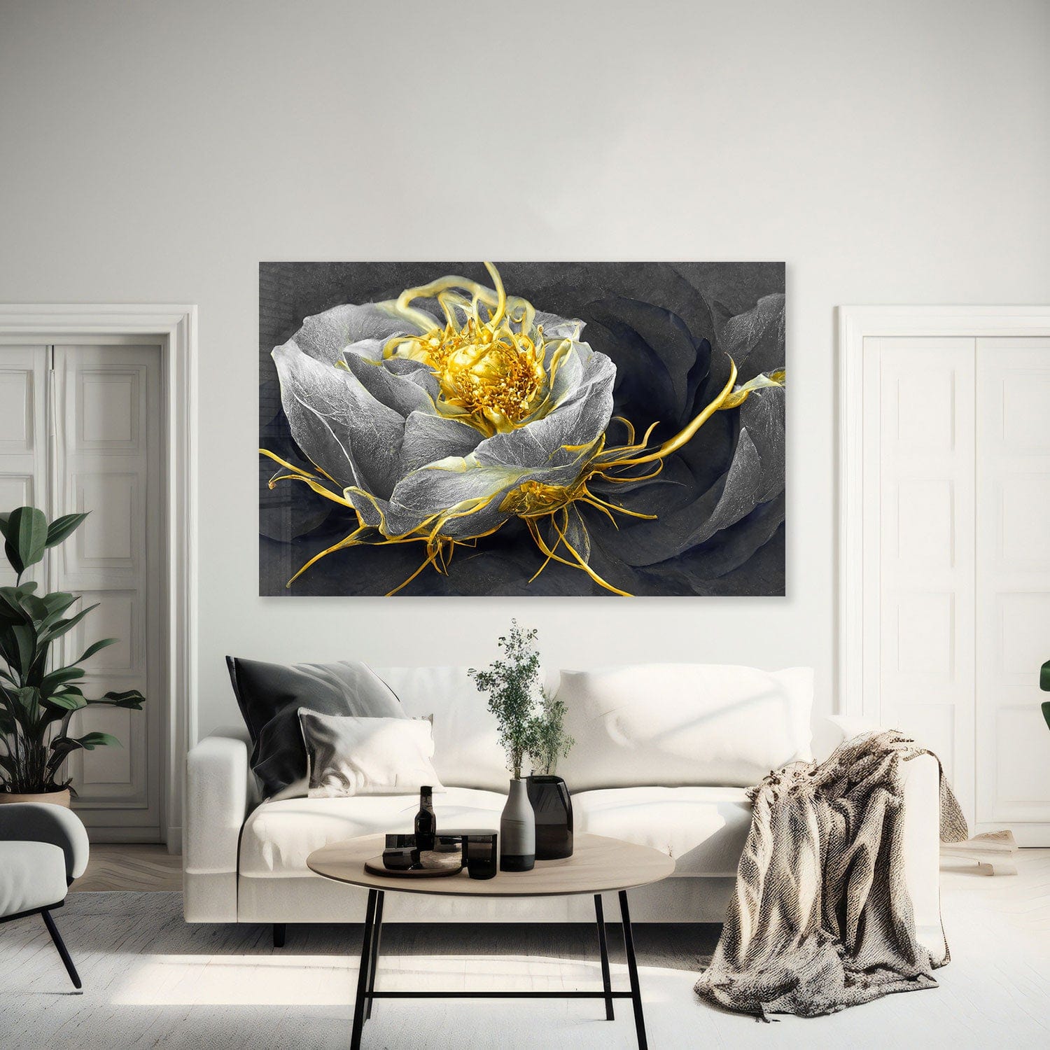 Artronauts Glass Print Golden Black Flower - Tempered Glass Wall Art