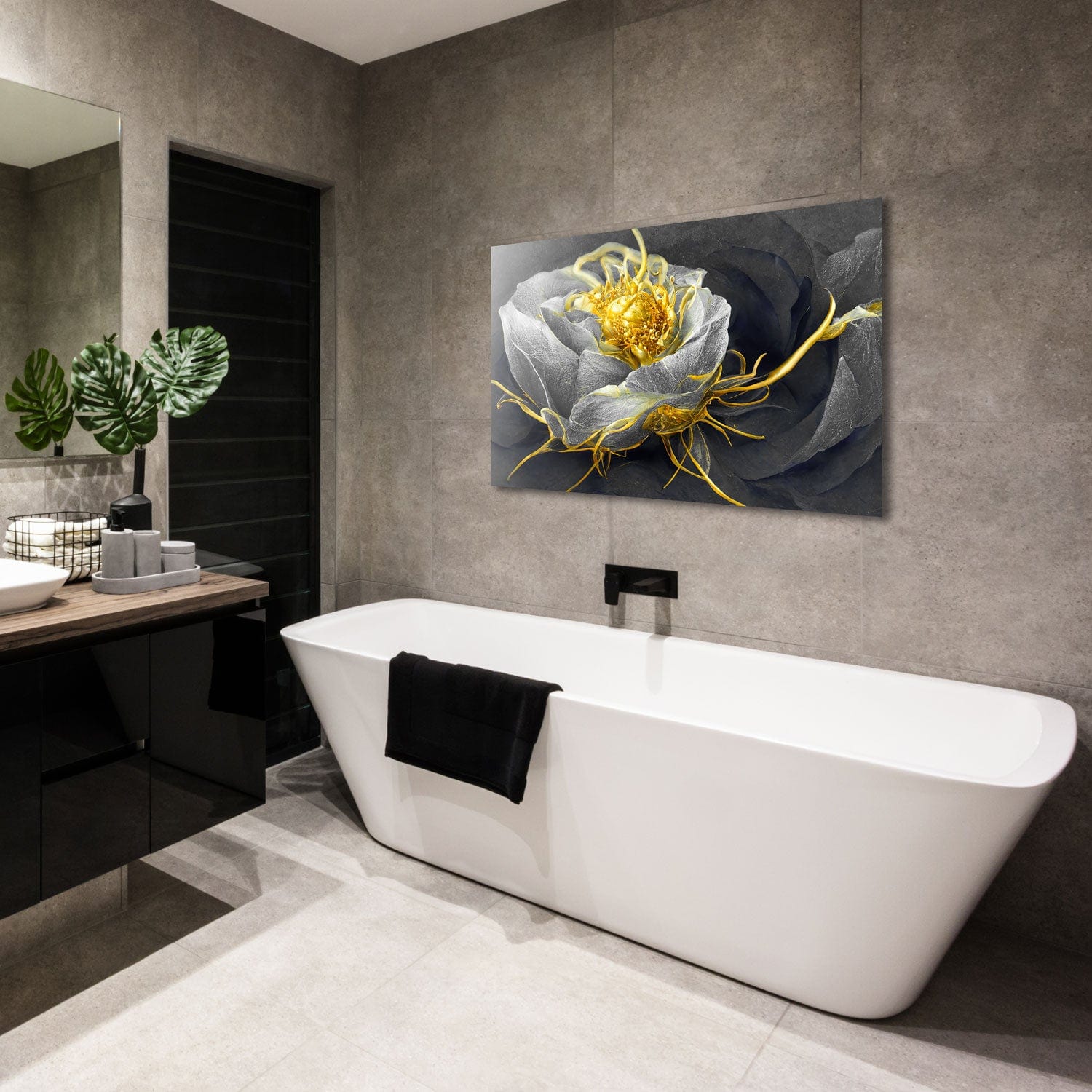 Artronauts Glass Print Golden Black Flower - Tempered Glass Wall Art