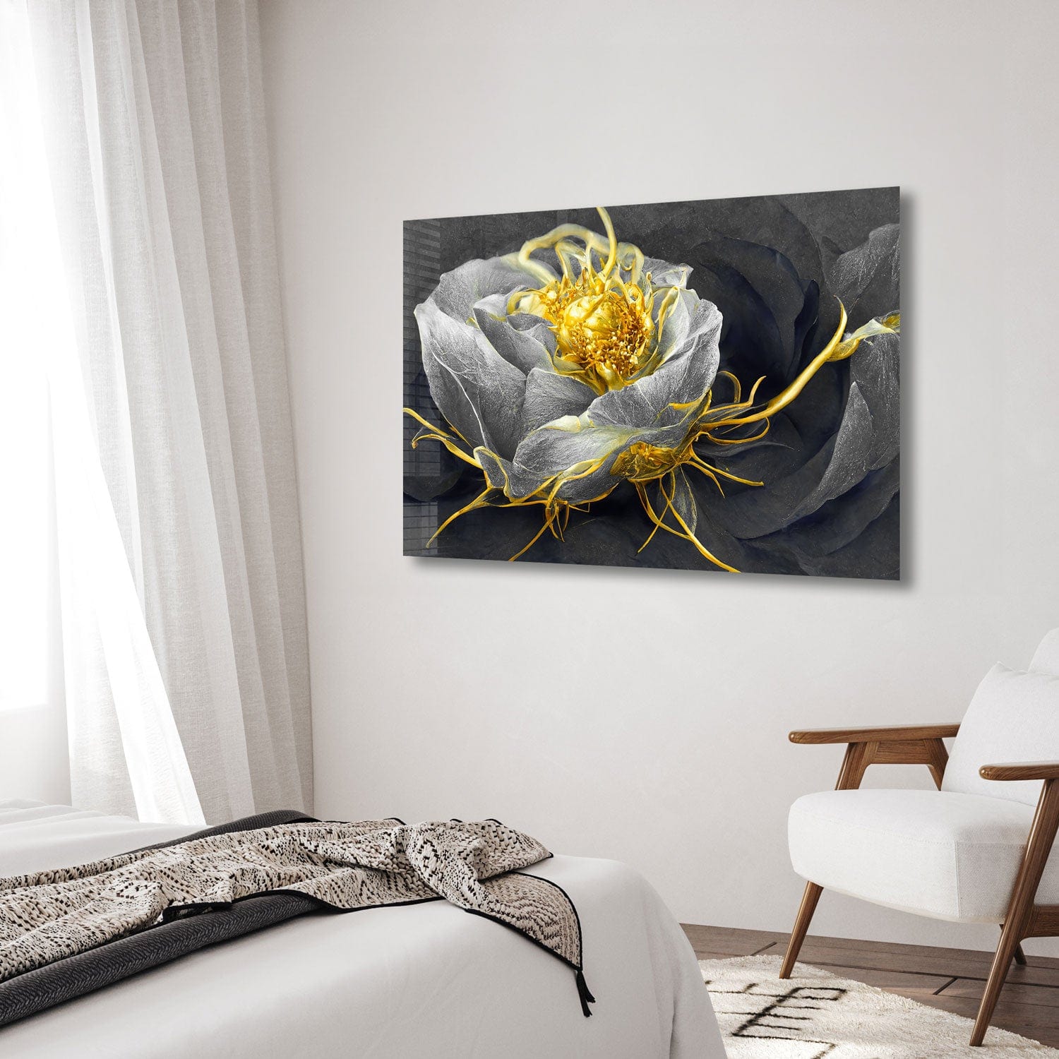 Artronauts Glass Print Golden Black Flower - Tempered Glass Wall Art