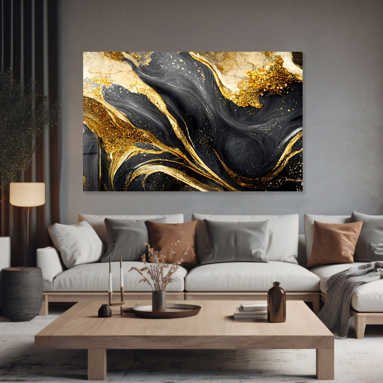 Artronauts Glass Print Golden Black Flower - Tempered Glass Wall Art