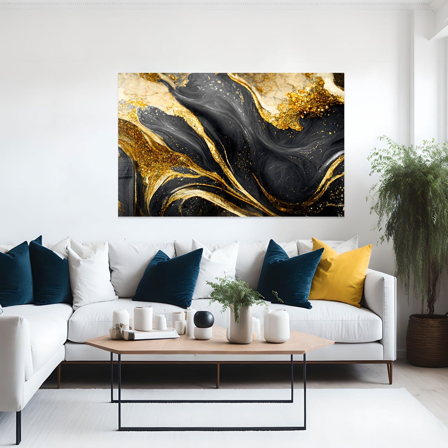 Artronauts Glass Print Golden Black Flower - Tempered Glass Wall Art