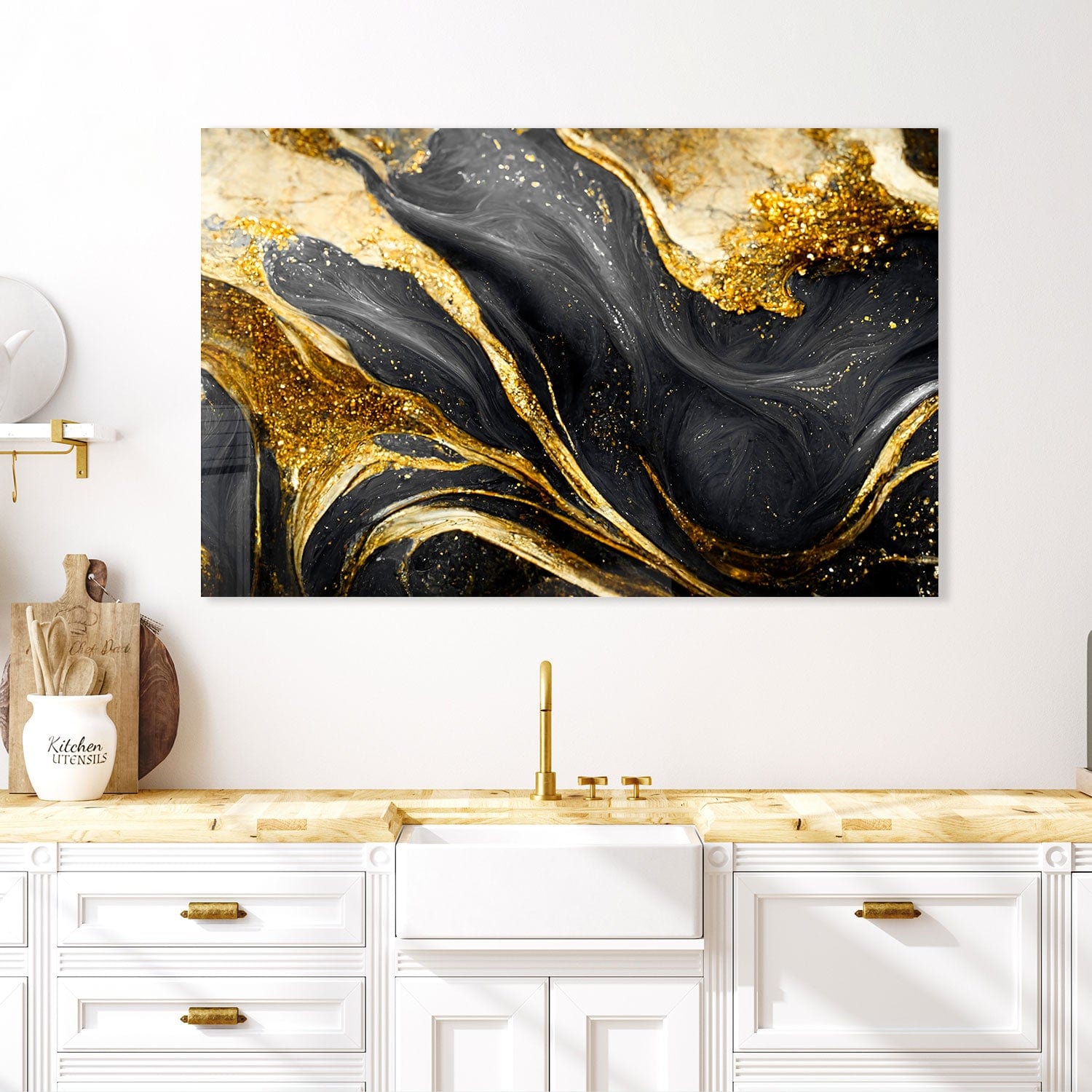 Artronauts Glass Print Golden Black Flower - Tempered Glass Wall Art
