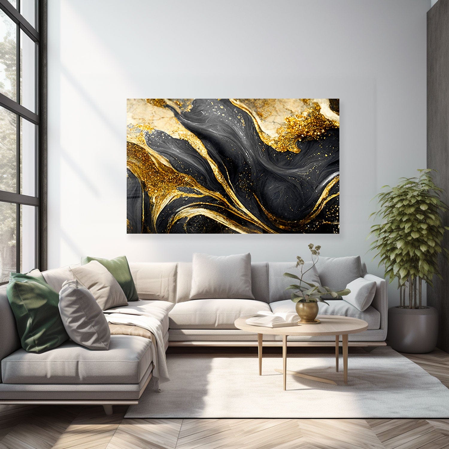 Artronauts Glass Print Golden Black Flower - Tempered Glass Wall Art