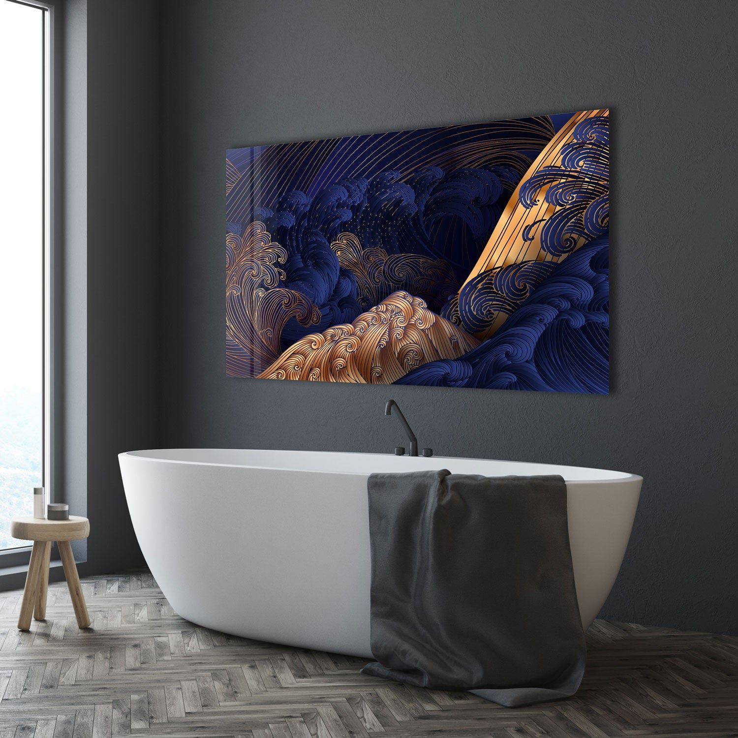 Artronauts Glass Print Golden Blue Waves - Tempered Glass Wall Art