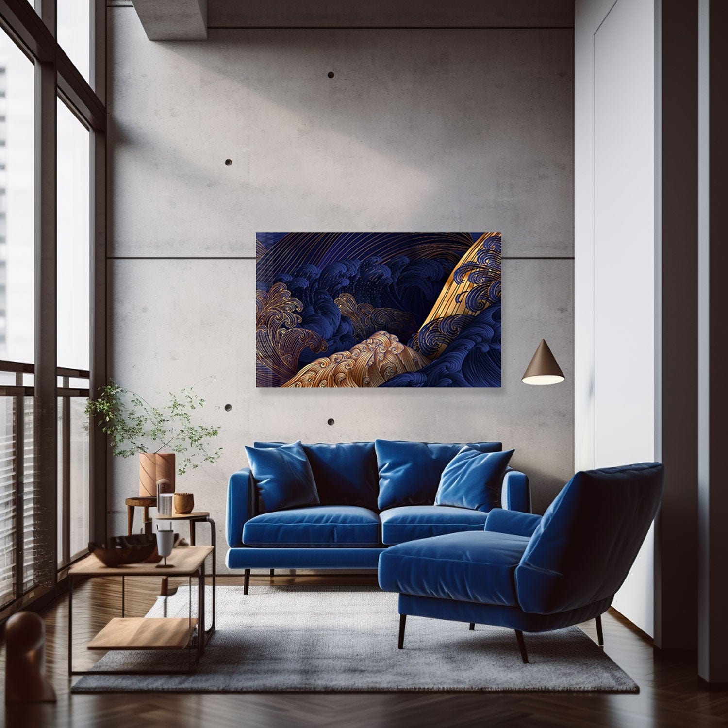 Artronauts Glass Print Golden Blue Waves - Tempered Glass Wall Art