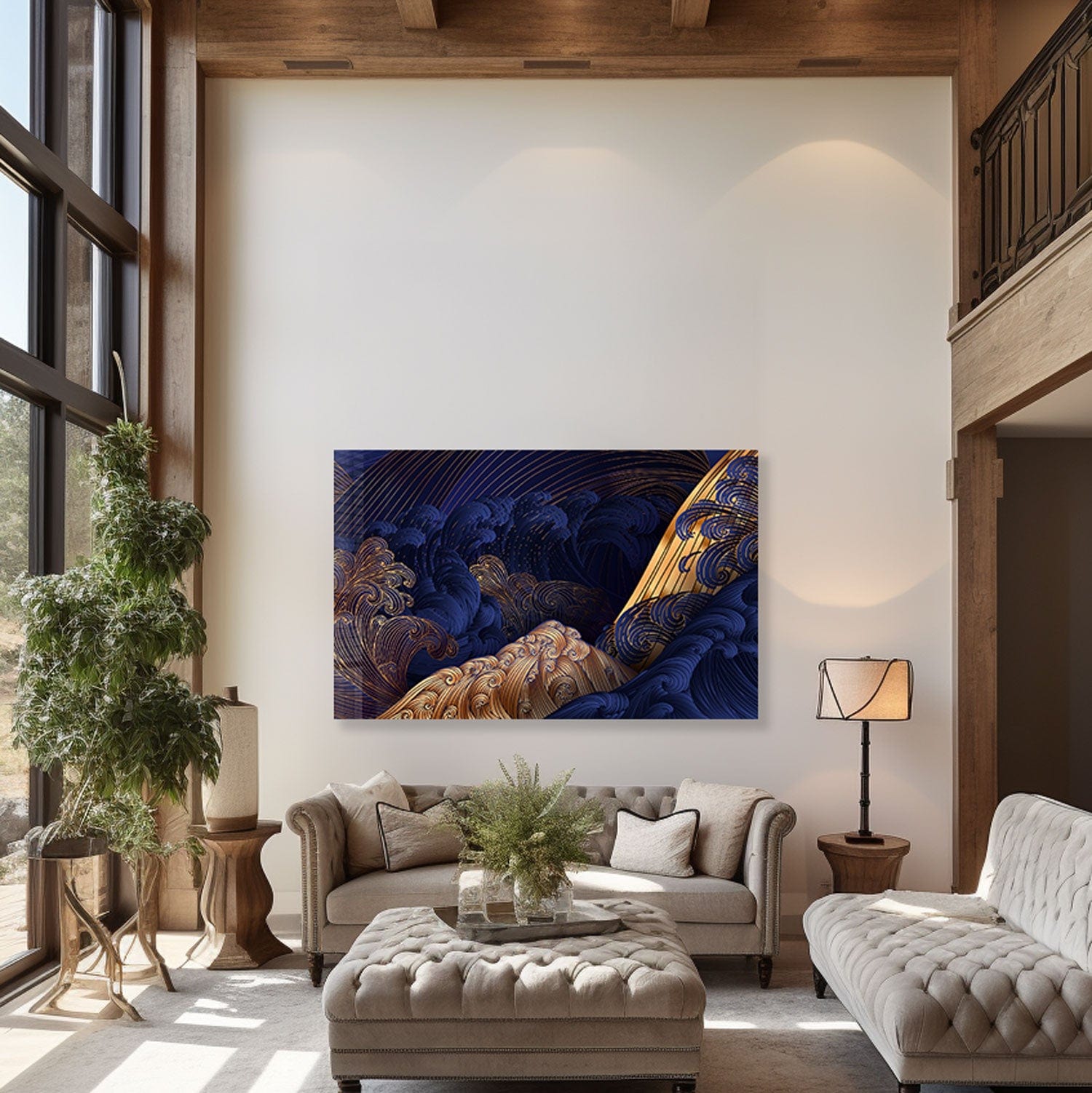 Artronauts Glass Print Golden Blue Waves - Tempered Glass Wall Art