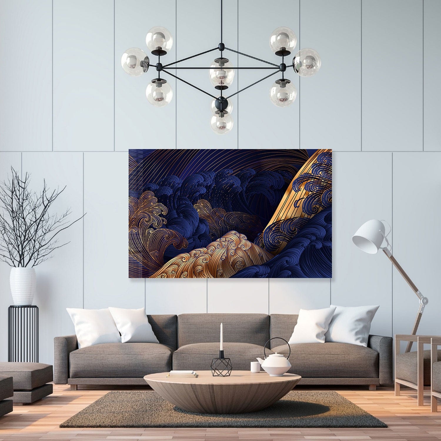 Artronauts Glass Print Golden Blue Waves - Tempered Glass Wall Art