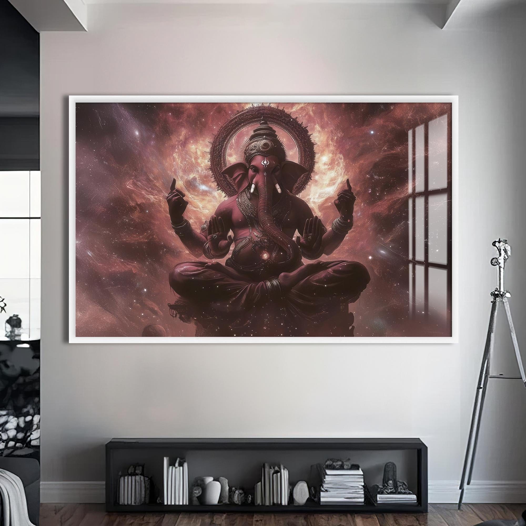 Artronauts Glass Print S | 72x46 cm | 28.3"x18.1" / White Cosmic Ganesha- Hinduism Tempered Glass Wall Art