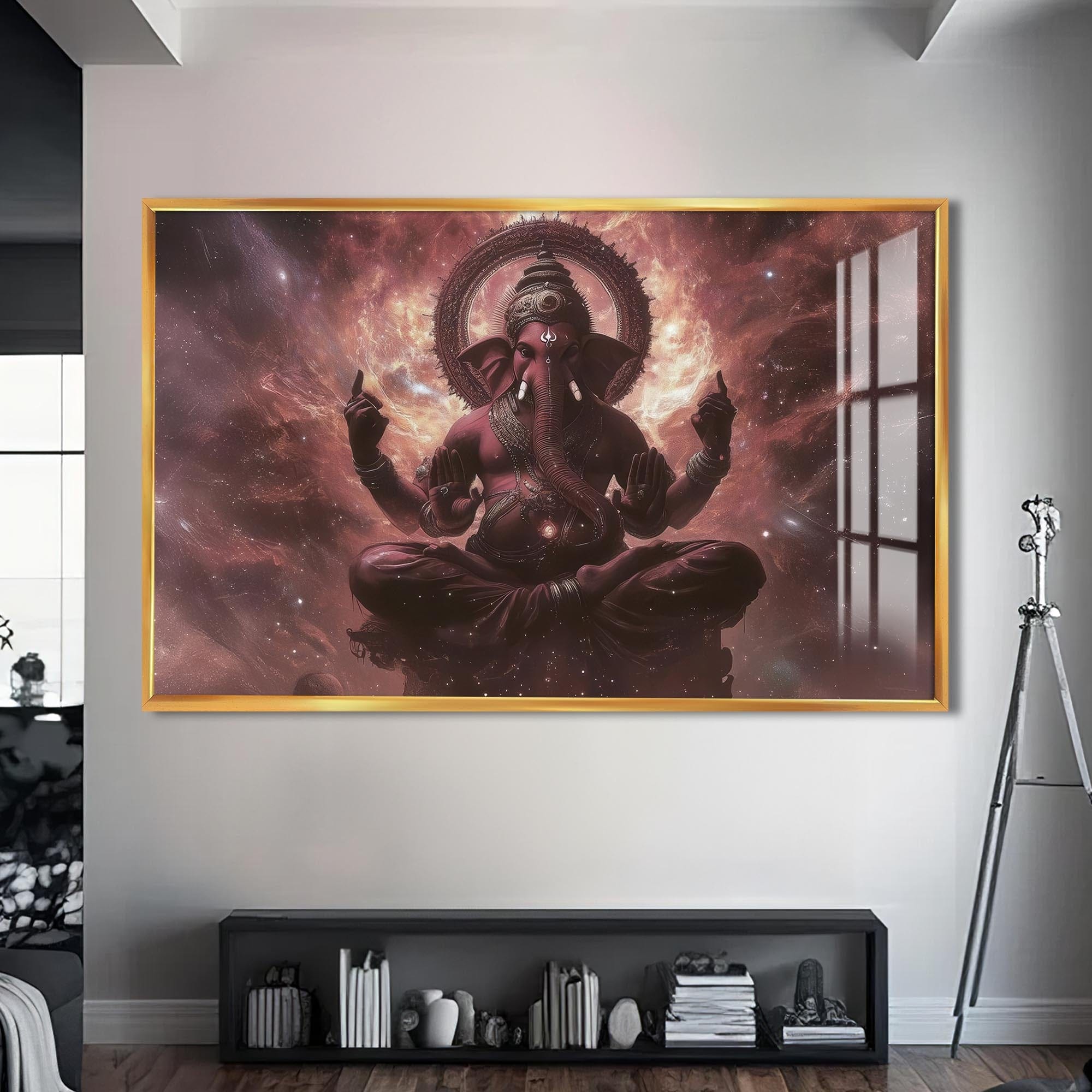 Artronauts Glass Print S | 72x46 cm | 28.3"x18.1" / Gold Cosmic Ganesha- Hinduism Tempered Glass Wall Art