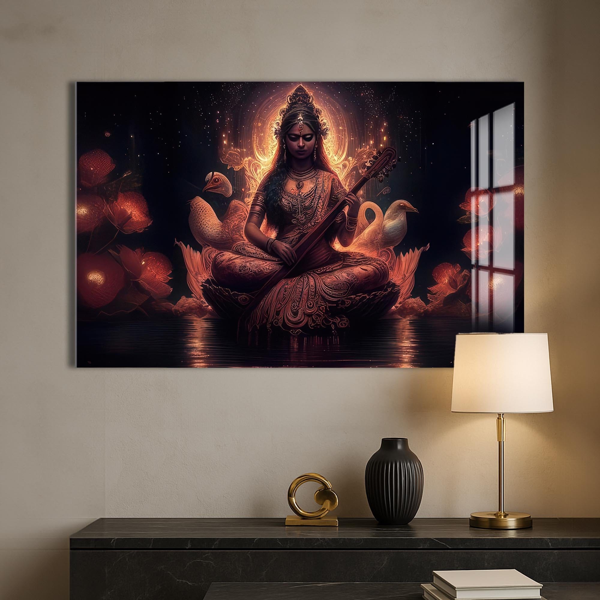 Artronauts Glass Print Lotus Saraswati- Hinduism Tempered Glass Wall Art