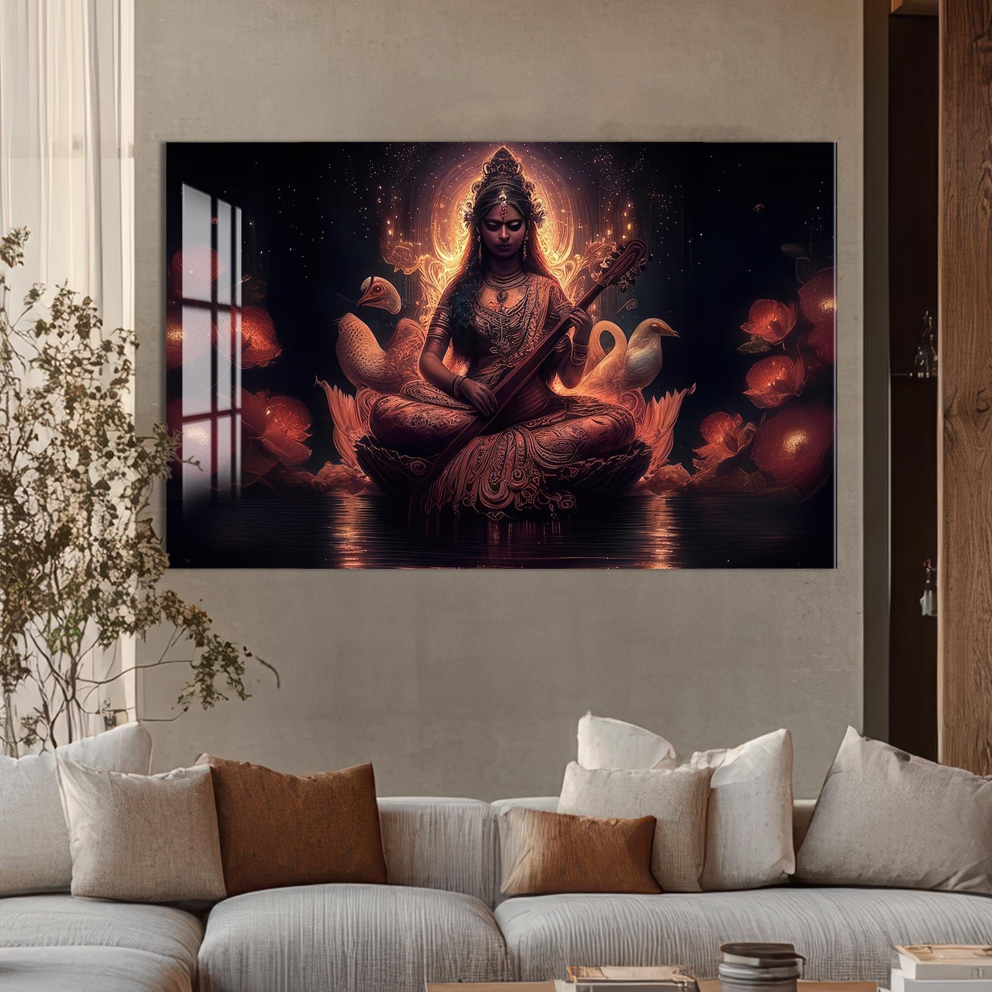 Artronauts Glass Print Lotus Saraswati- Hinduism Tempered Glass Wall Art
