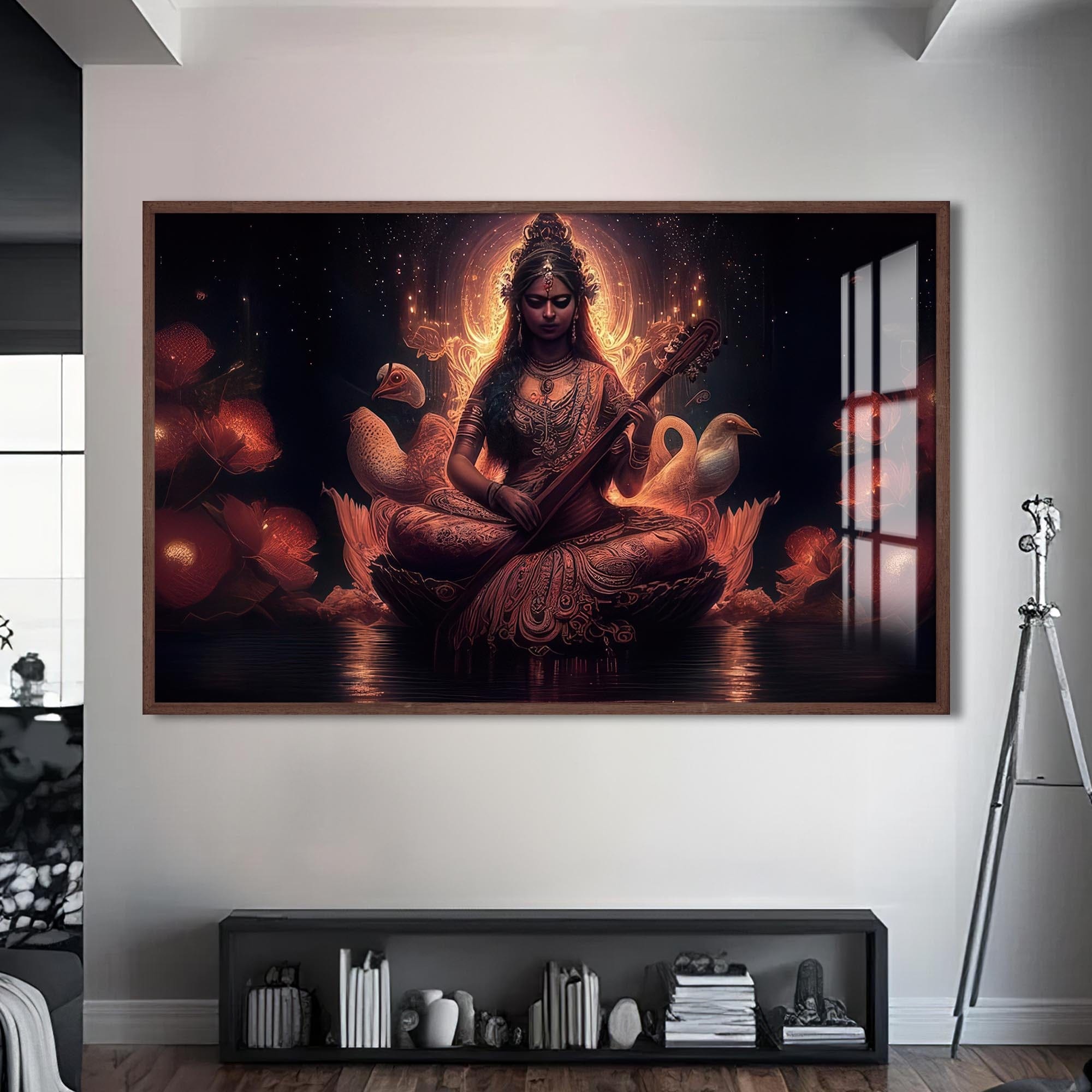 Artronauts Glass Print S | 72x46 cm | 28.3"x18.1" / Walnut Lotus Saraswati- Hinduism Tempered Glass Wall Art