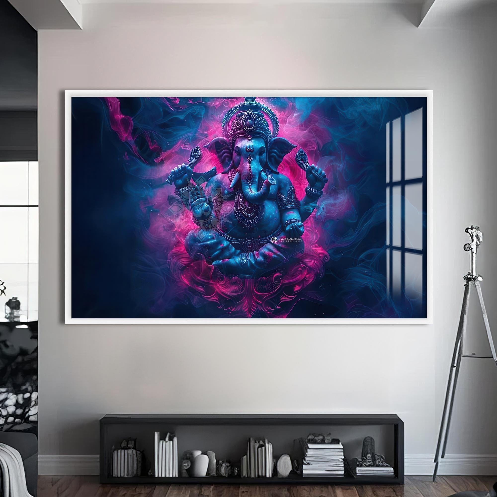 Artronauts Glass Print S | 72x46 cm | 28.3"x18.1" / White Mystic Ganesha- Hinduism Tempered Glass Wall Art