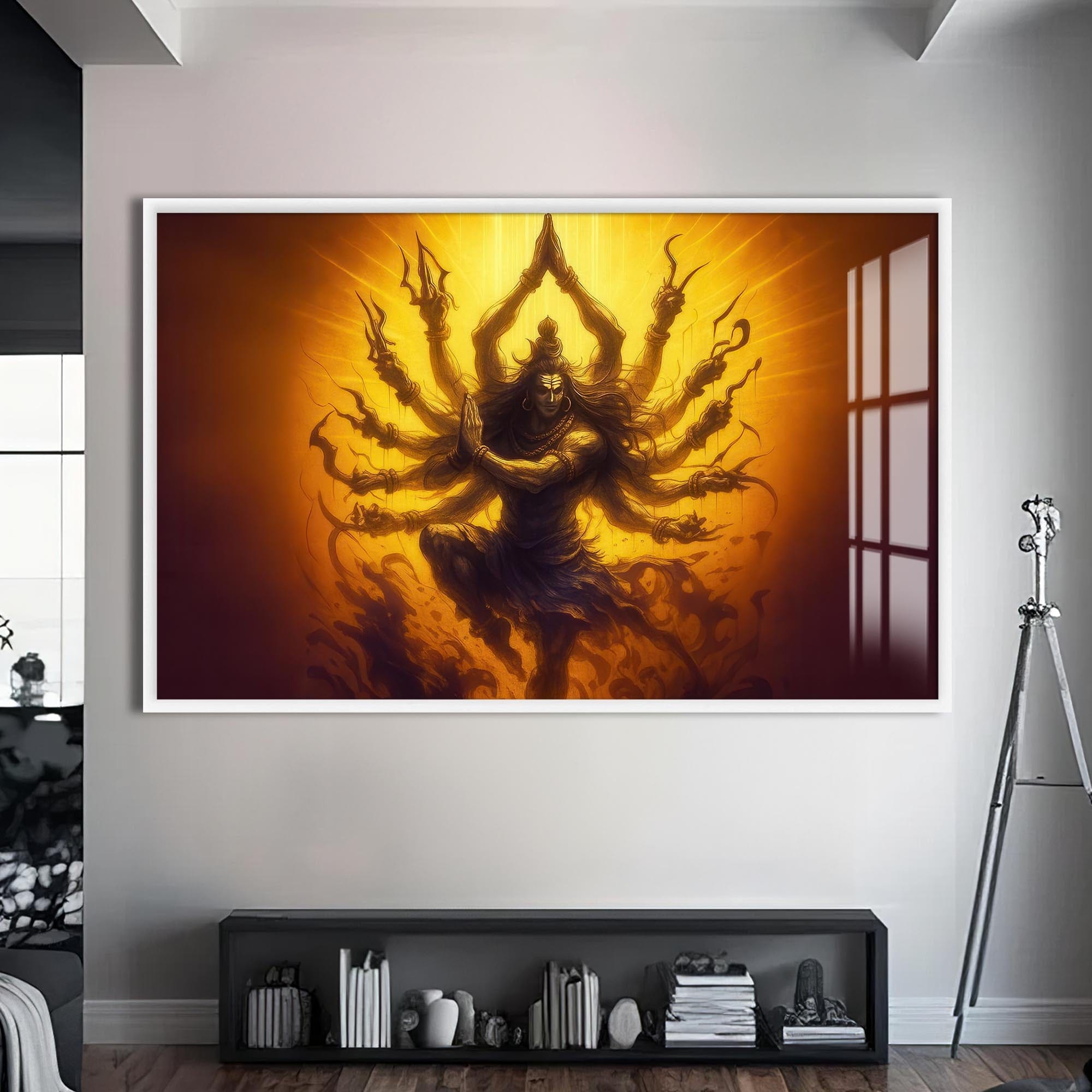 Artronauts Glass Print S | 72x46 cm | 28.3"x18.1" / White Golden Tandava- Hinduism Tempered Glass Wall Art