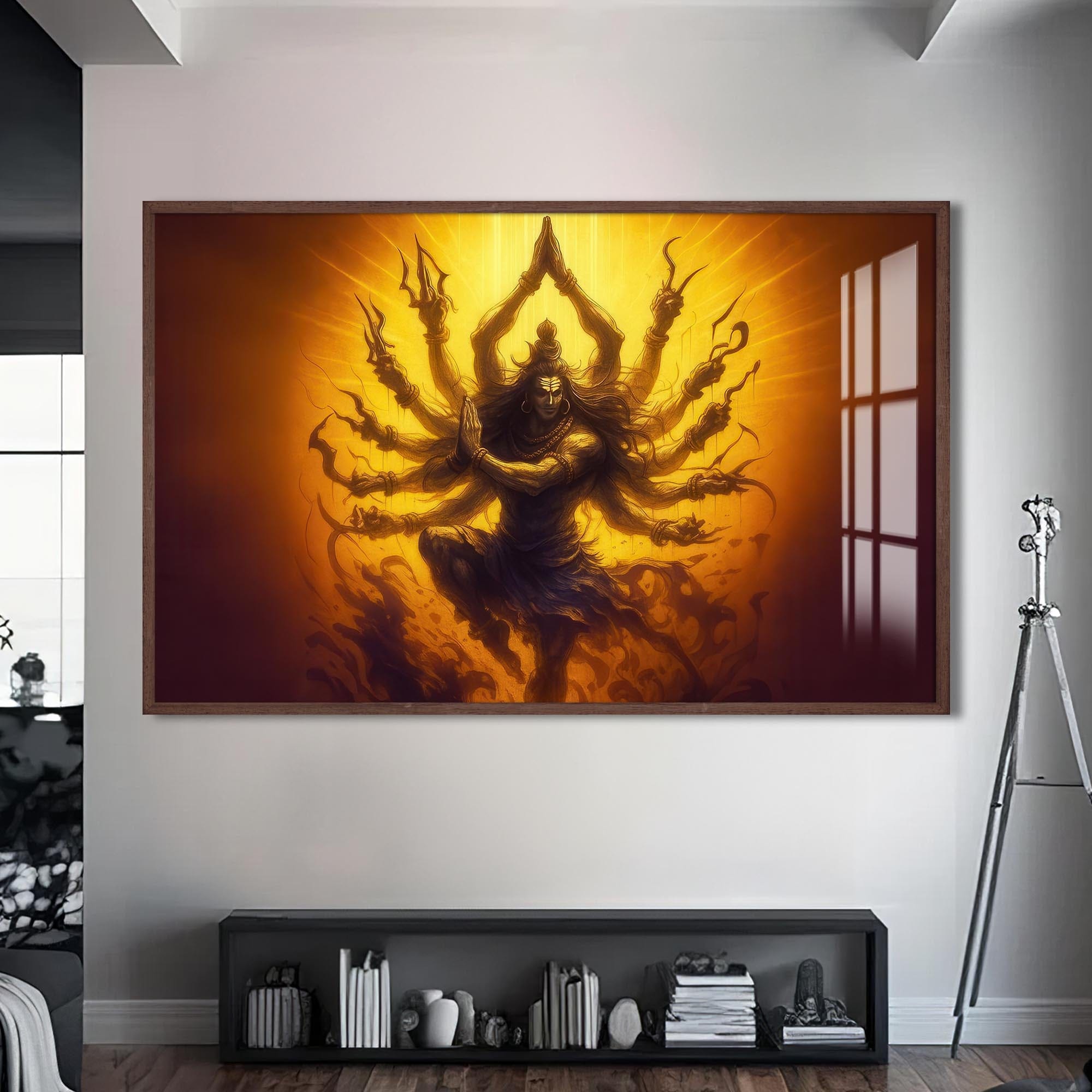 Artronauts Glass Print S | 72x46 cm | 28.3"x18.1" / Walnut Golden Tandava- Hinduism Tempered Glass Wall Art
