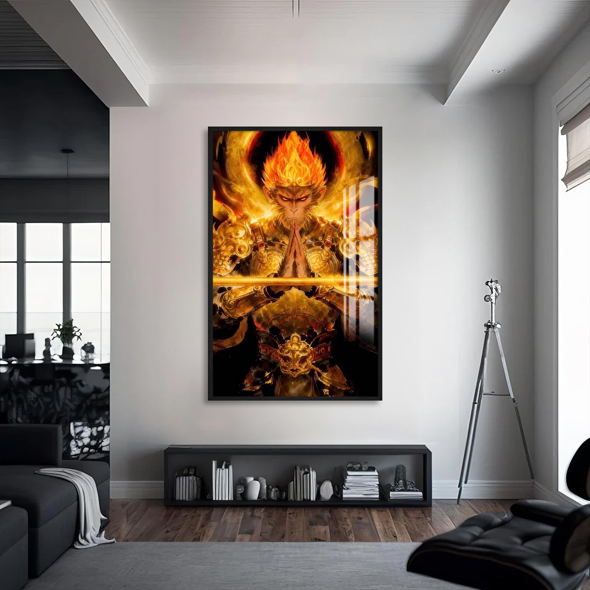 Artronauts Glass Print S | 72x46 cm | 28.3"x18.1" / Black Golden Hanuman- Tempered Glass Wall Art