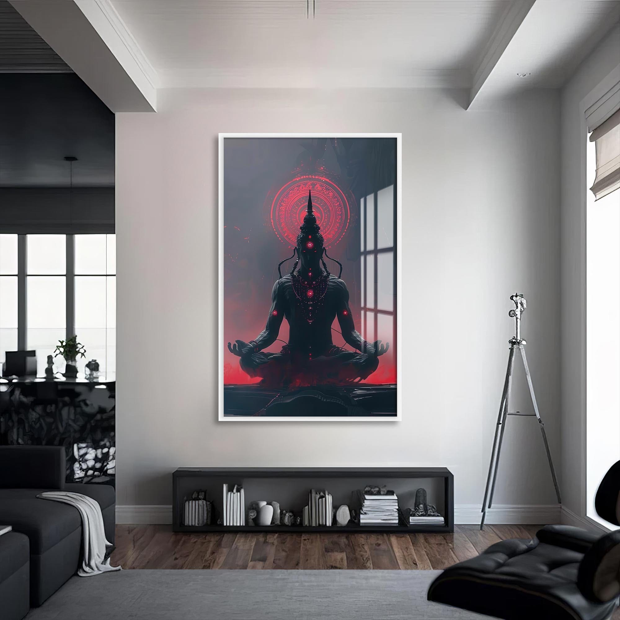 Artronauts Glass Print S | 72x46 cm | 28.3"x18.1" / White Neon Ganesha- Hinduism Tempered Glass Wall Art