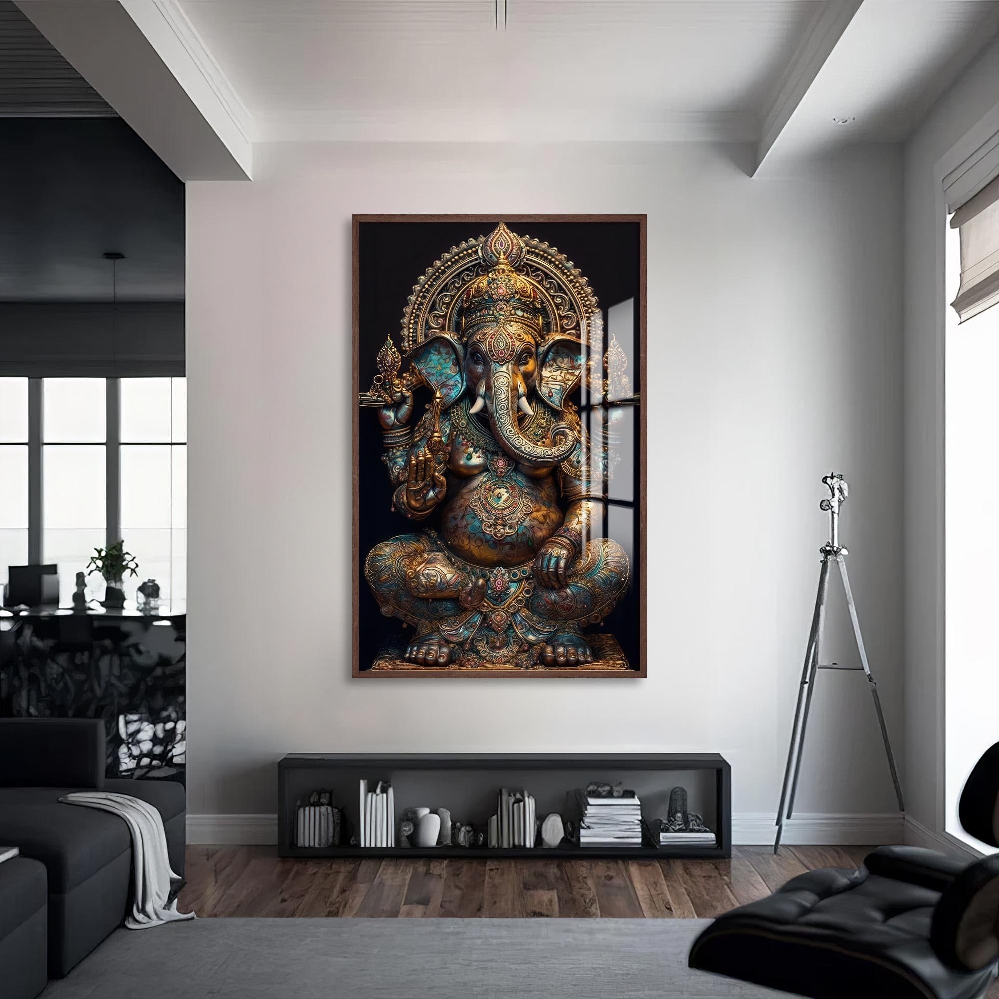 Artronauts Glass Print S | 72x46 cm | 28.3"x18.1" / Walnut Ganesha Royal- Hinduism Tempered Glass Wall Art