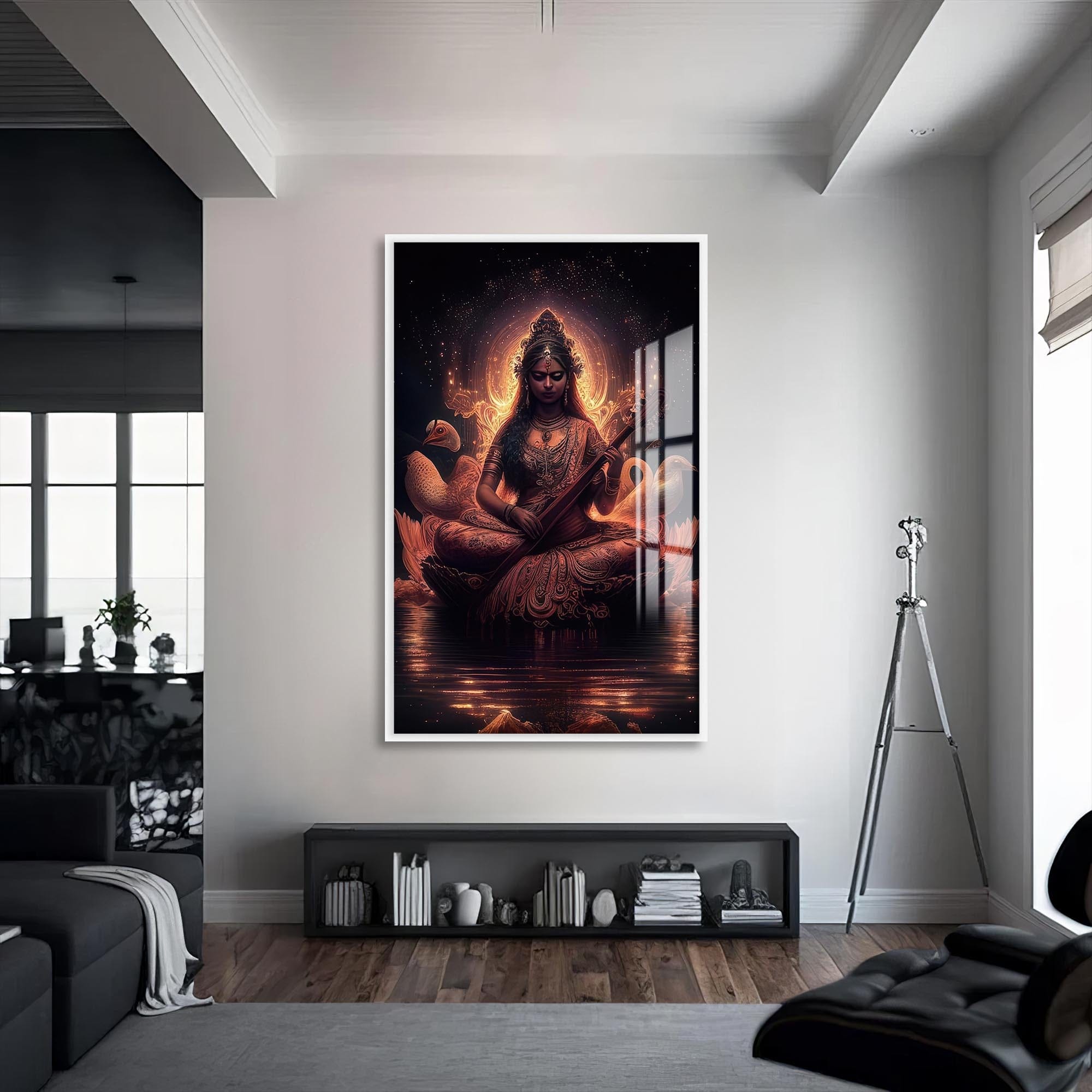 Artronauts Glass Print S | 72x46 cm | 28.3"x18.1" / White Veena Grace- Hinduism Tempered Glass Wall Art