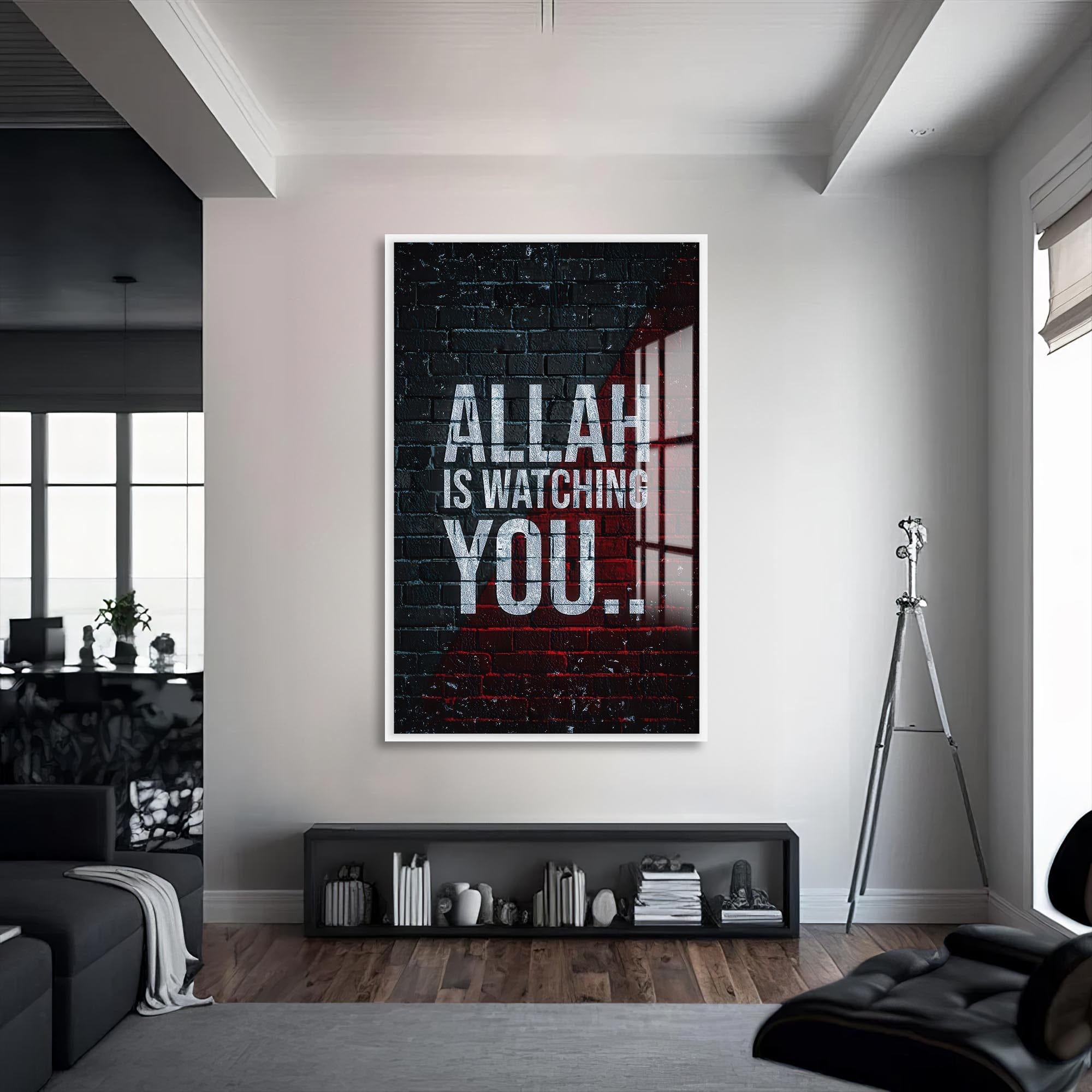 Artronauts Glass Print S | 72x46 cm | 28.3"x18.1" / White Allah Is Watching- Islamic Tempered Glass Wall Art