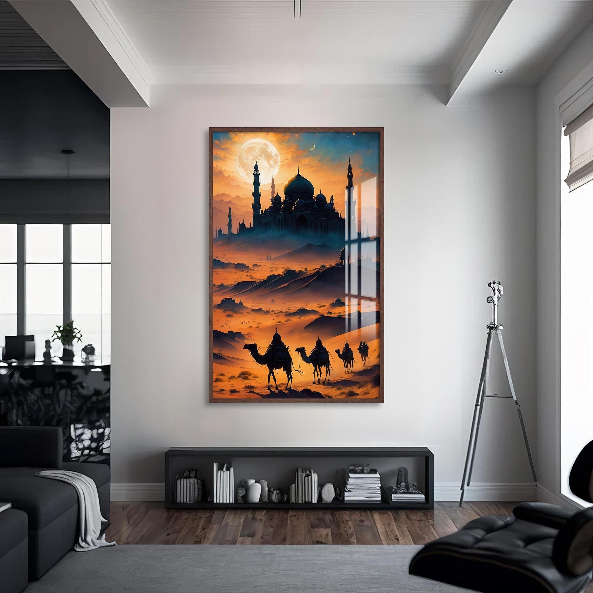 Artronauts Glass Print S | 72x46 cm | 28.3"x18.1" / Walnut Desert Mosque Journey- Islamic Tempered Glass Wall Art
