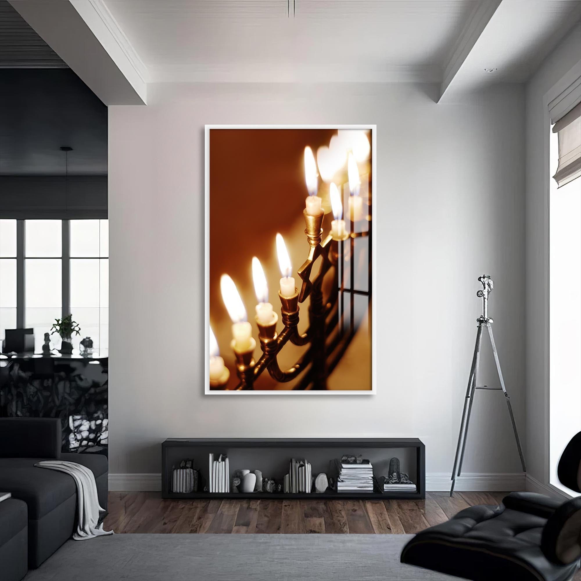 Artronauts Glass Print S | 72x46 cm | 28.3"x18.1" / White Menorah Candlelight- Judaism Tempered Glass Wall Art