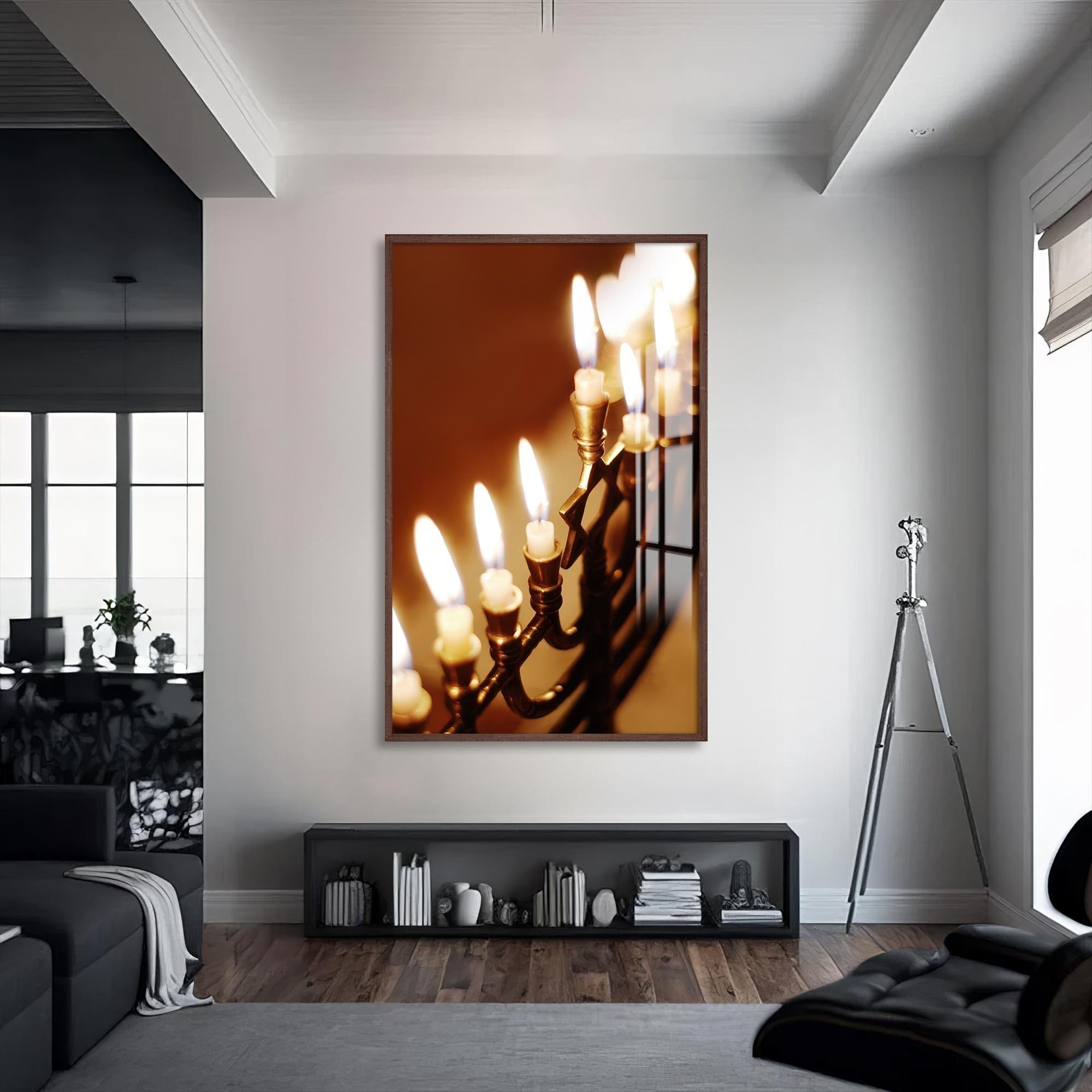 Artronauts Glass Print S | 72x46 cm | 28.3"x18.1" / Walnut Menorah Candlelight- Judaism Tempered Glass Wall Art
