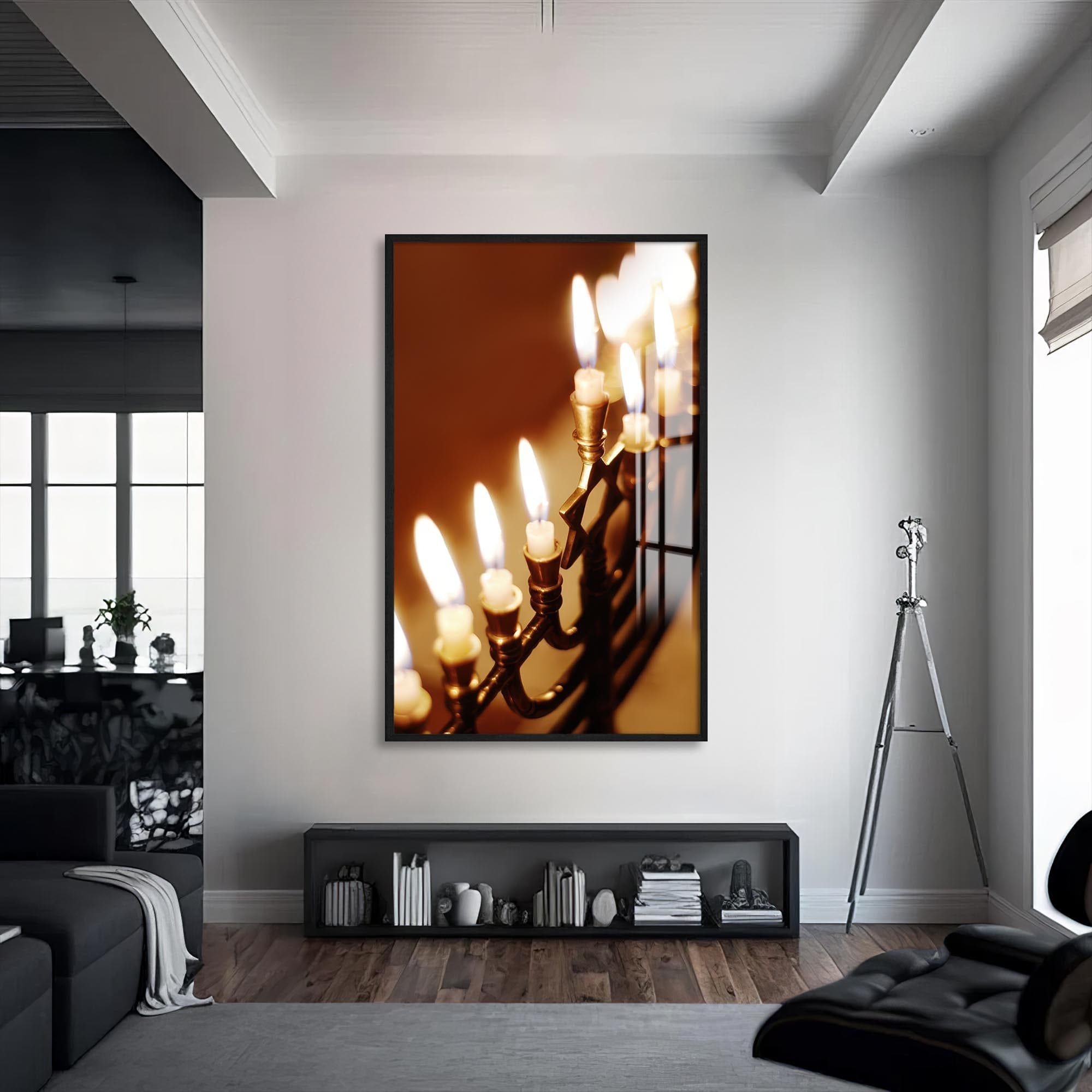 Artronauts Glass Print S | 72x46 cm | 28.3"x18.1" / Black Menorah Candlelight- Judaism Tempered Glass Wall Art