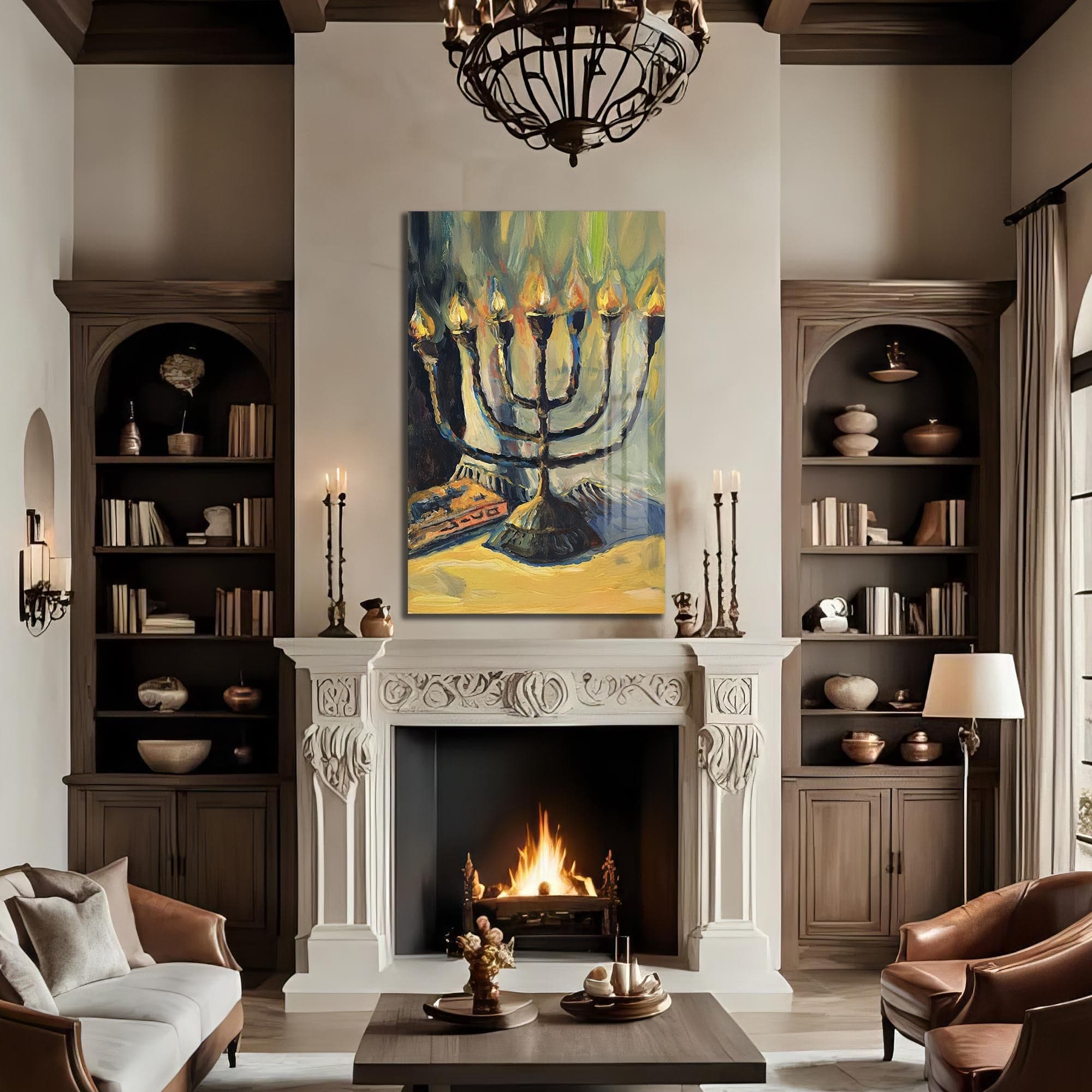 Artronauts Glass Print Menorah Oil Painting- Judaism Tempered Glass Wall Art