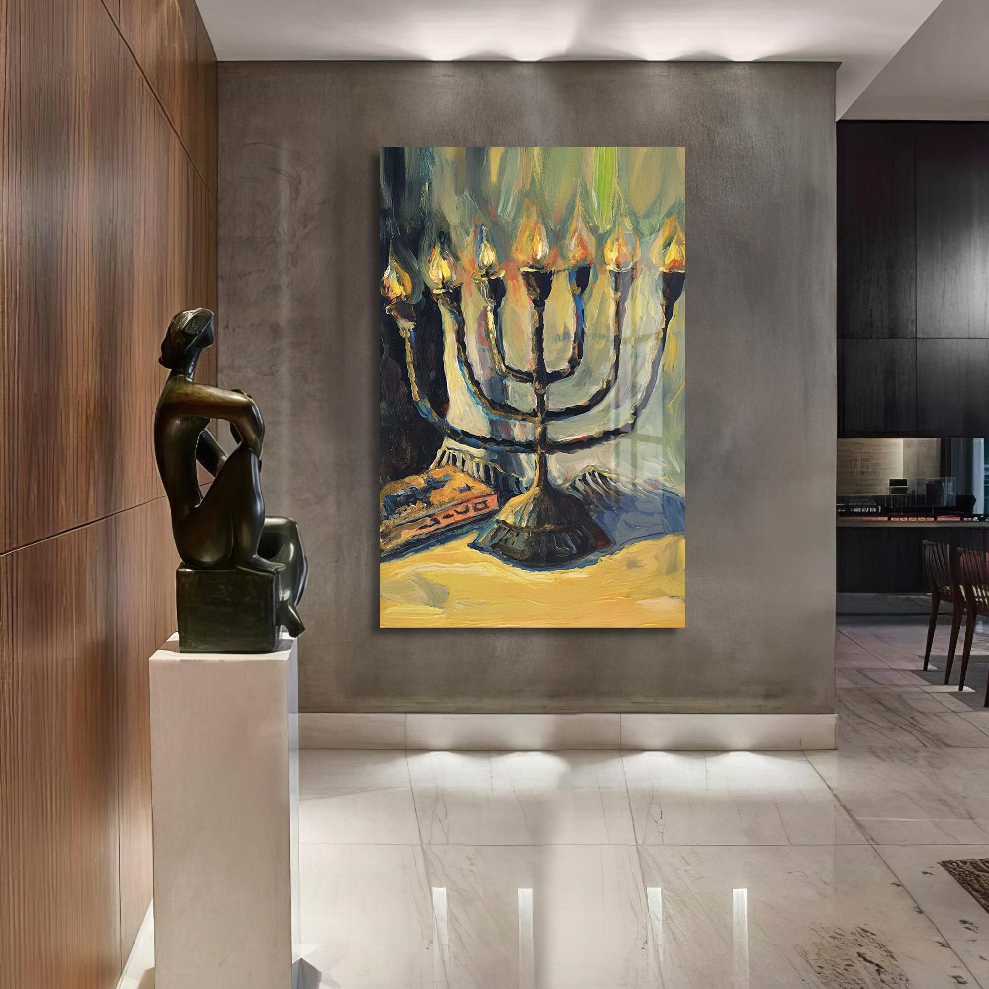 Artronauts Glass Print Menorah Oil Painting- Judaism Tempered Glass Wall Art