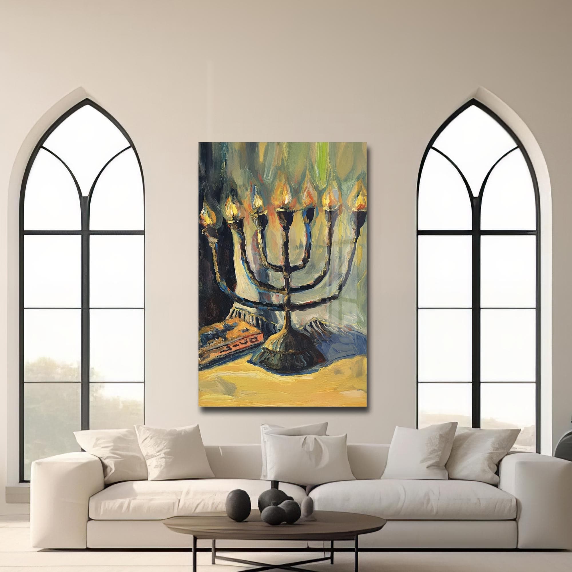 Artronauts Glass Print Menorah Oil Painting- Judaism Tempered Glass Wall Art