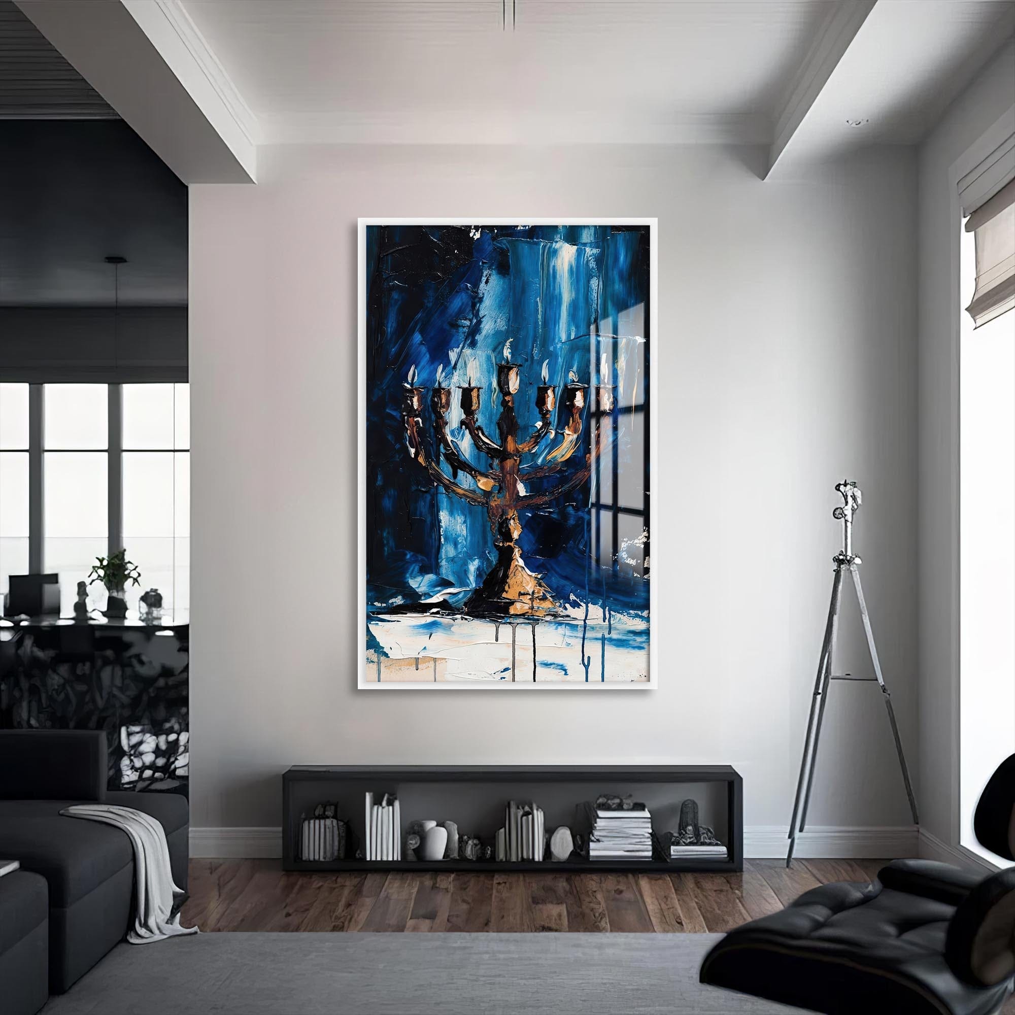 Artronauts Glass Print S | 72x46 cm | 28.3"x18.1" / White Blue Menorah- Judaism Tempered Glass Wall Art