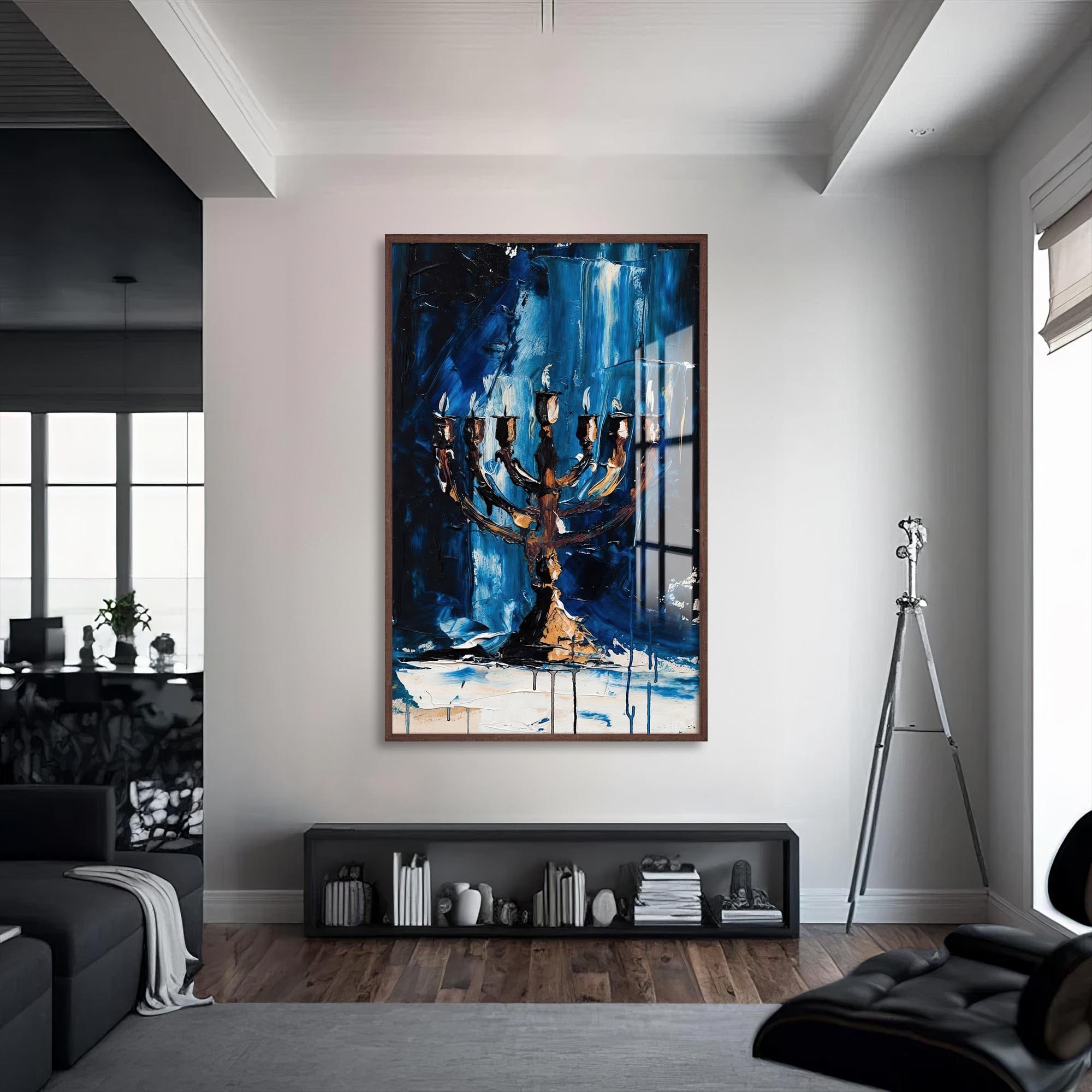 Artronauts Glass Print S | 72x46 cm | 28.3"x18.1" / Walnut Blue Menorah- Judaism Tempered Glass Wall Art