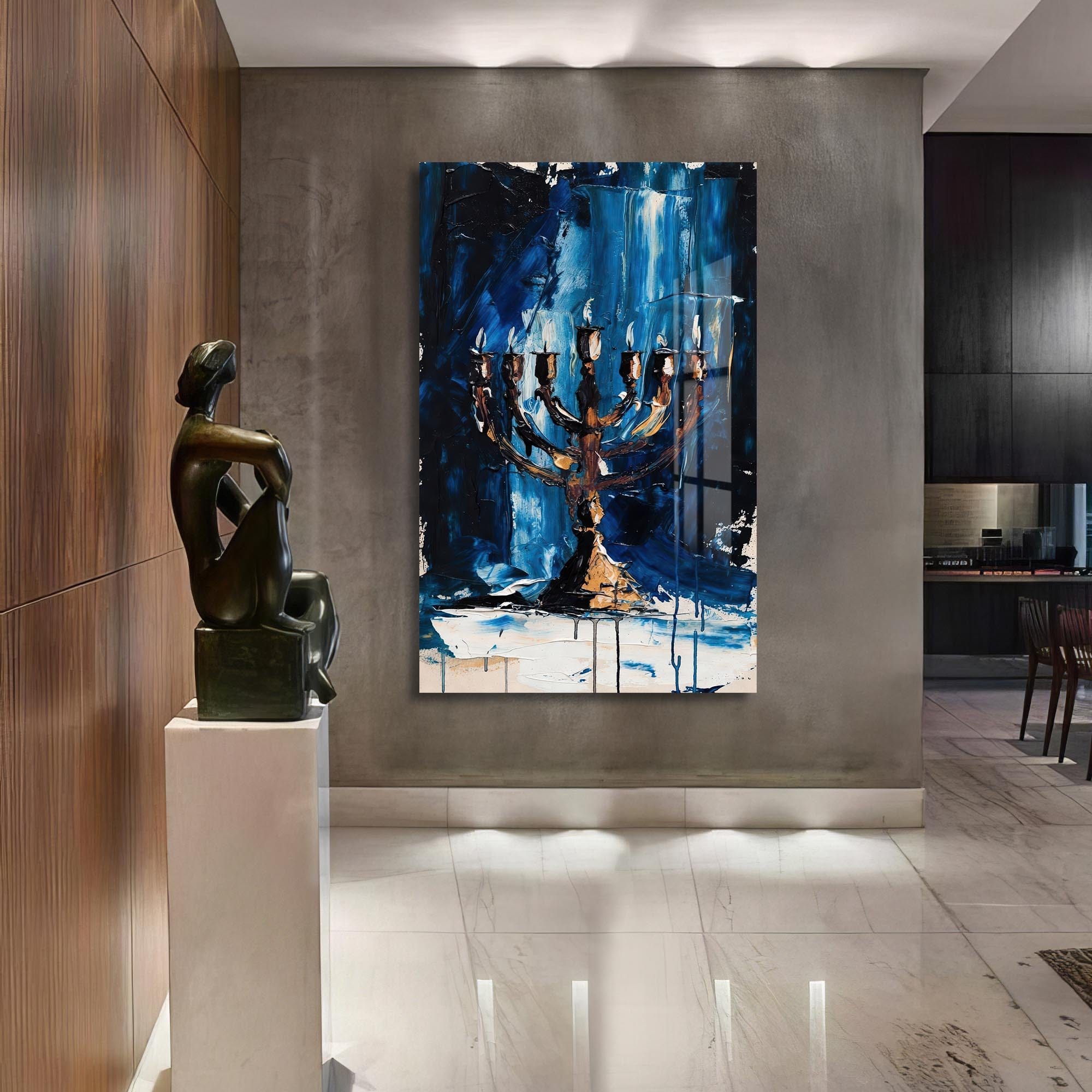 Artronauts Glass Print Blue Menorah- Judaism Tempered Glass Wall Art