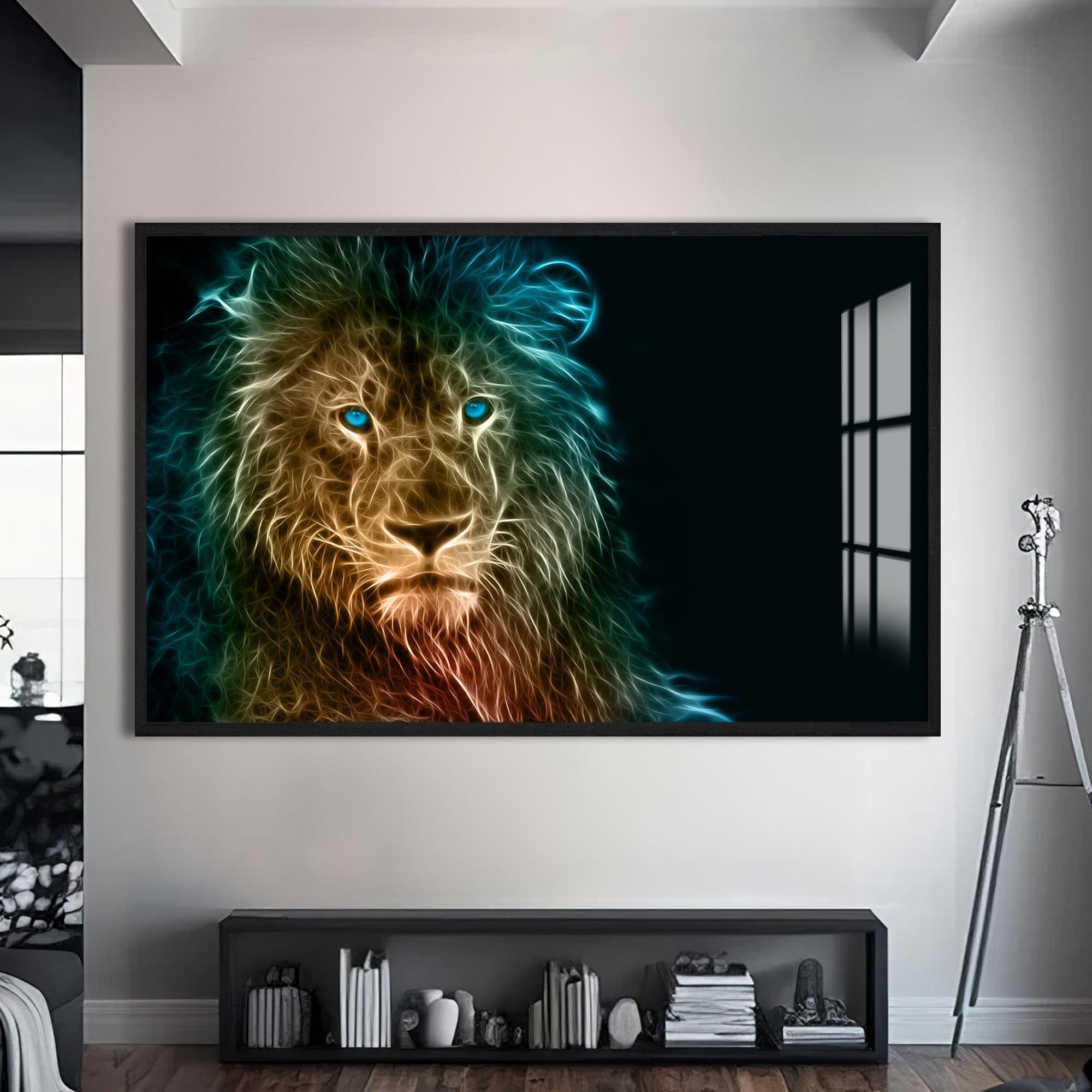 Artronauts Glass Print S | 72x46 cm | 28.3"x18.1" / Black Neon Spirit Lion – Animal Tempered Glass Wall Art