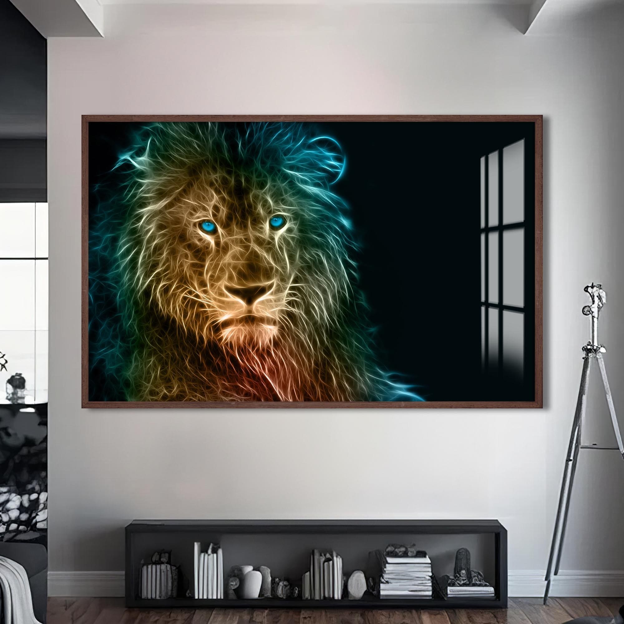Artronauts Glass Print S | 72x46 cm | 28.3"x18.1" / Walnut Neon Spirit Lion – Animal Tempered Glass Wall Art