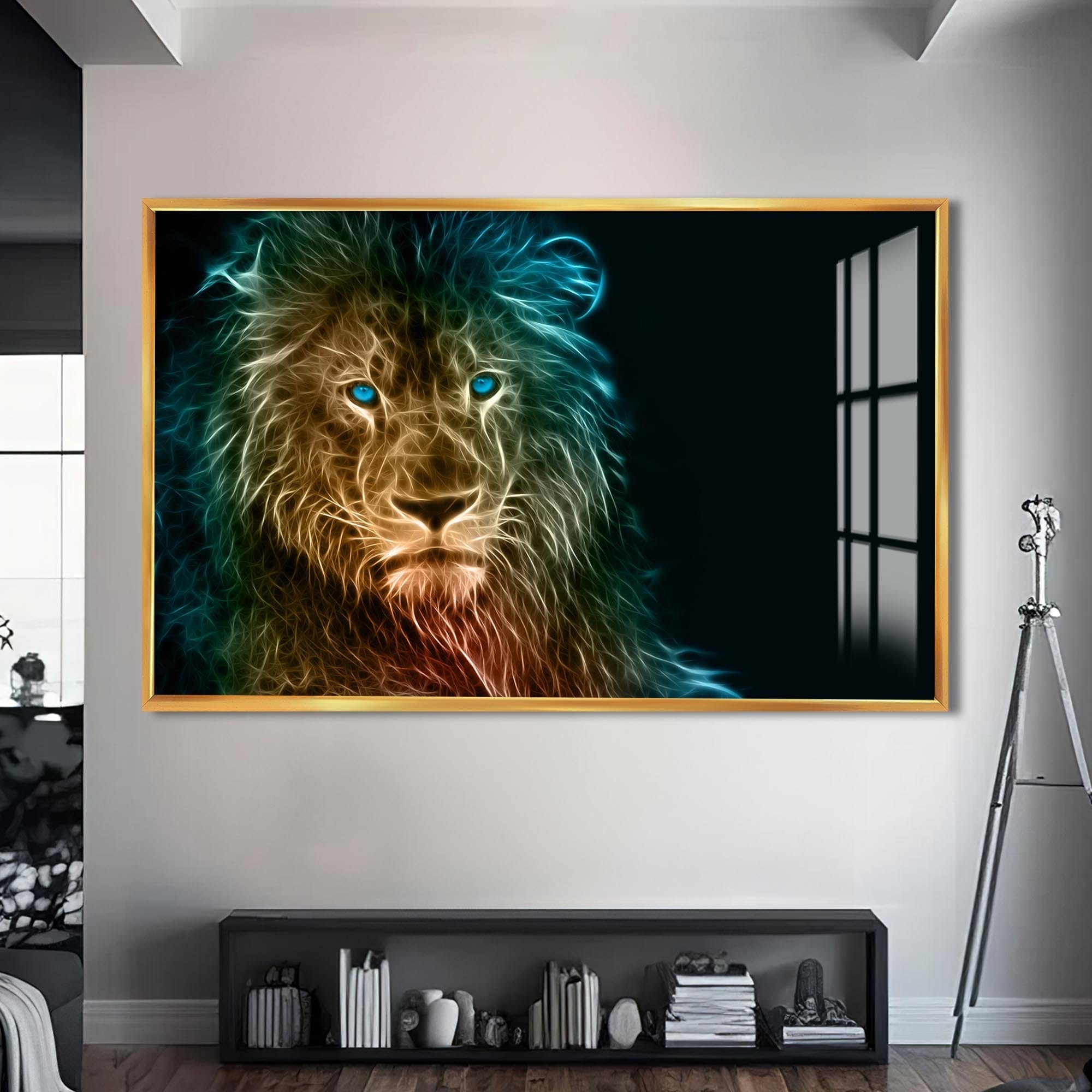 Artronauts Glass Print S | 72x46 cm | 28.3"x18.1" / Gold Neon Spirit Lion – Animal Tempered Glass Wall Art