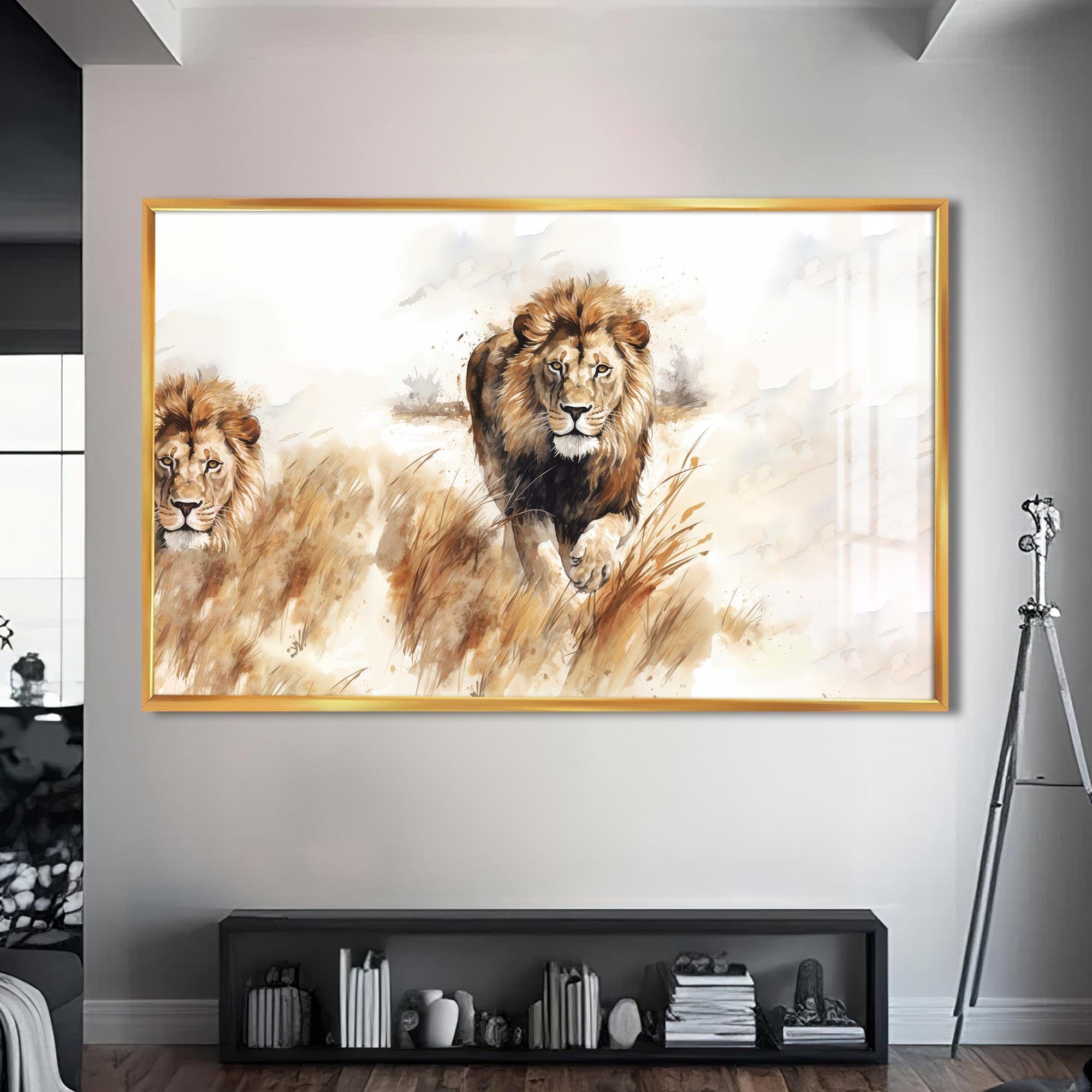 Artronauts Glass Print S | 72x46 cm | 28.3"x18.1" / Gold Savannah Charge – Animal Tempered Glass Wall Art