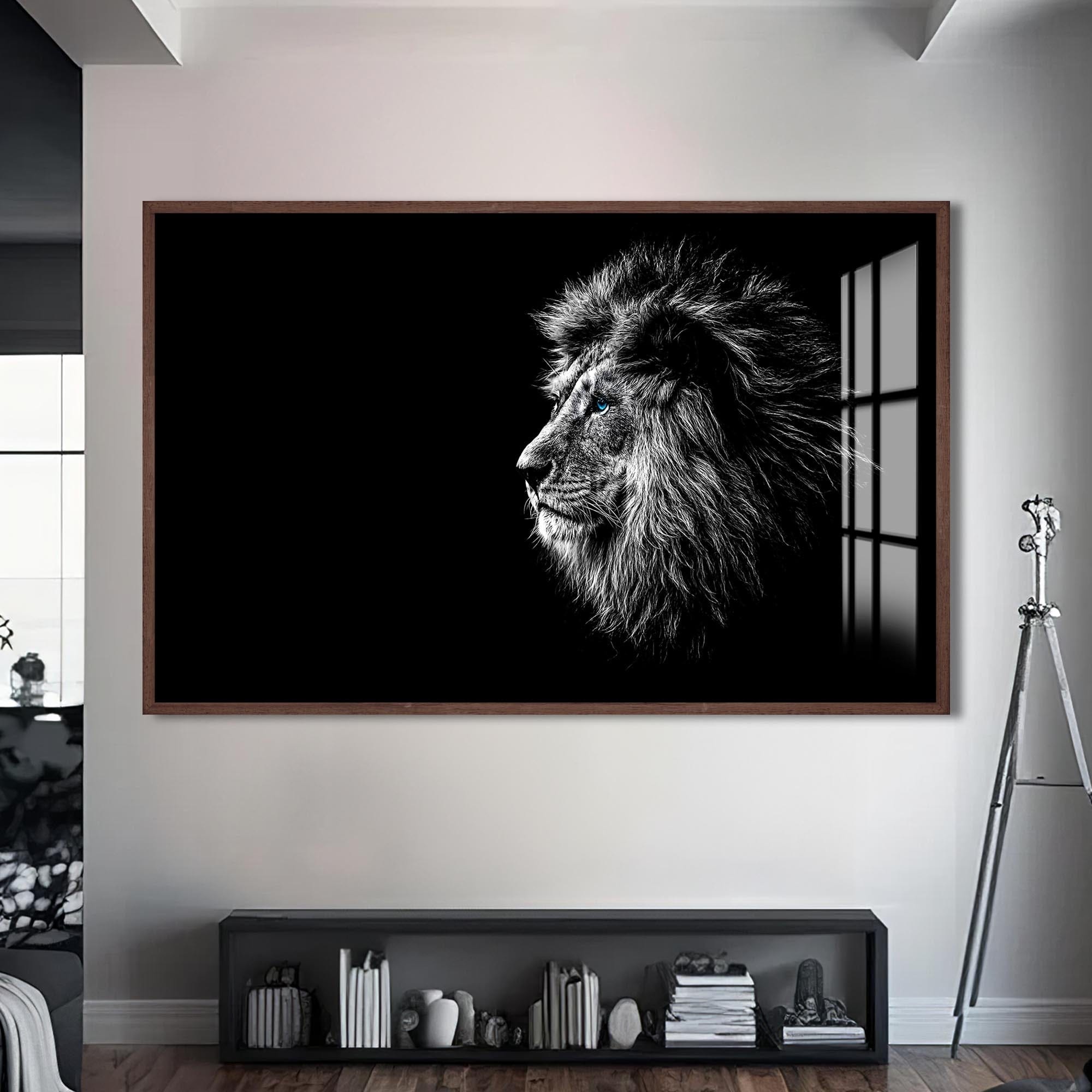 Artronauts Glass Print S | 72x46 cm | 28.3"x18.1" / Walnut Shadow Profile Lion – Animal Tempered Glass Wall Art