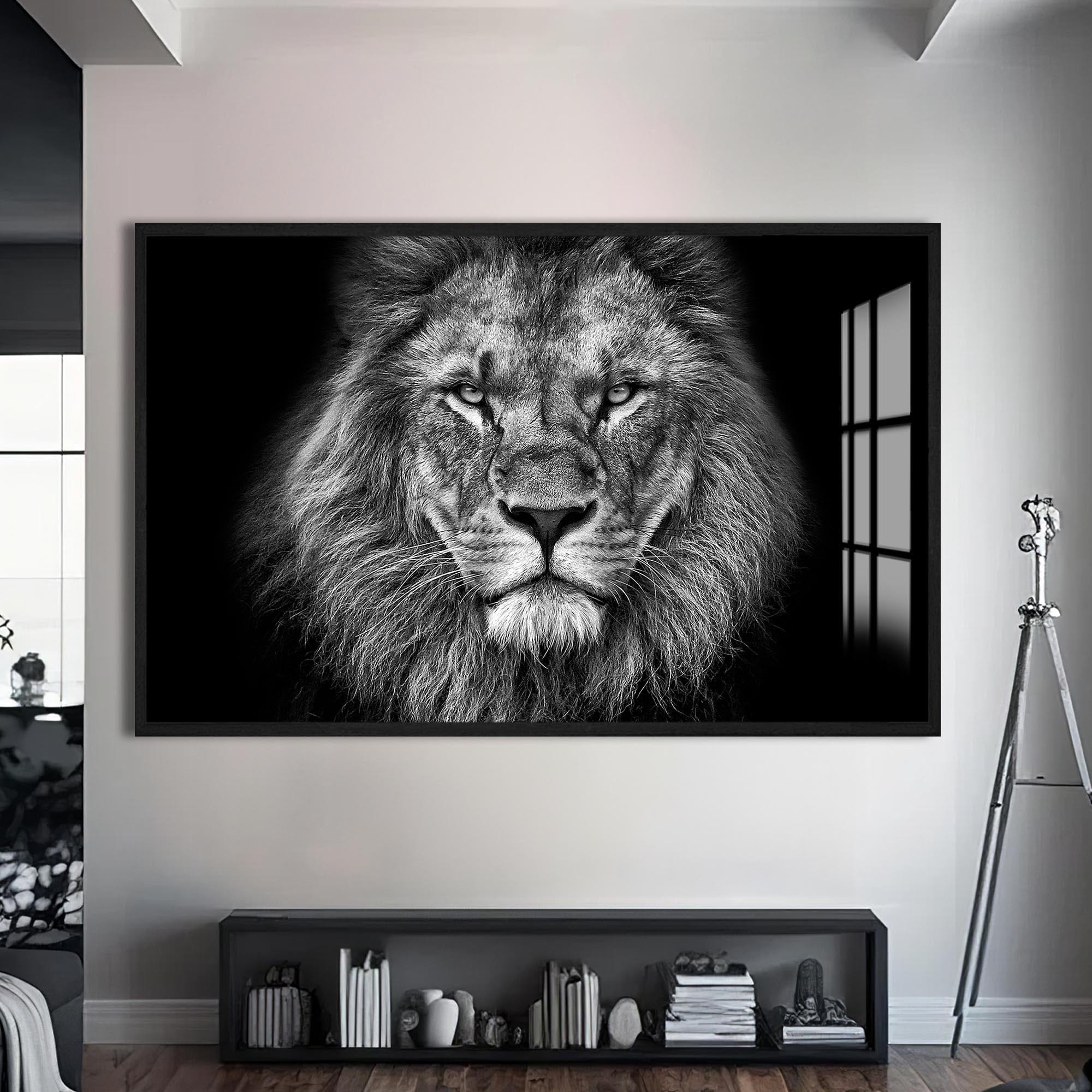 Artronauts Glass Print S | 72x46 cm | 28.3"x18.1" / Black Monochrome Power Lion – Animal Tempered Glass Wall Art