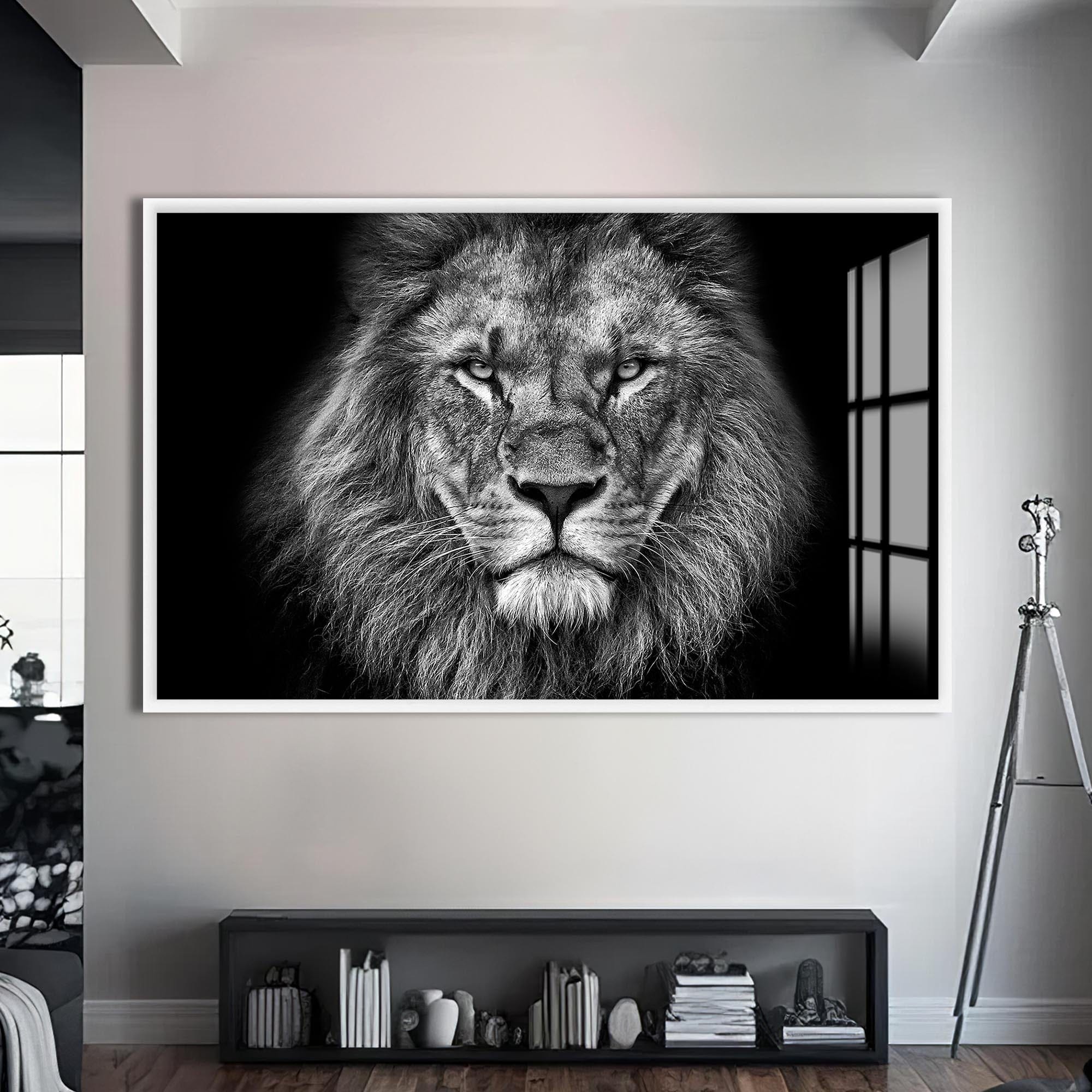 Artronauts Glass Print S | 72x46 cm | 28.3"x18.1" / White Monochrome Power Lion – Animal Tempered Glass Wall Art