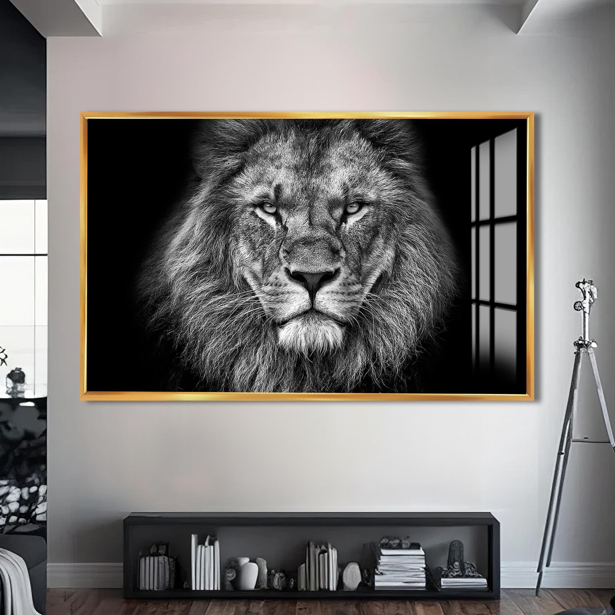 Artronauts Glass Print S | 72x46 cm | 28.3"x18.1" / Gold Monochrome Power Lion – Animal Tempered Glass Wall Art
