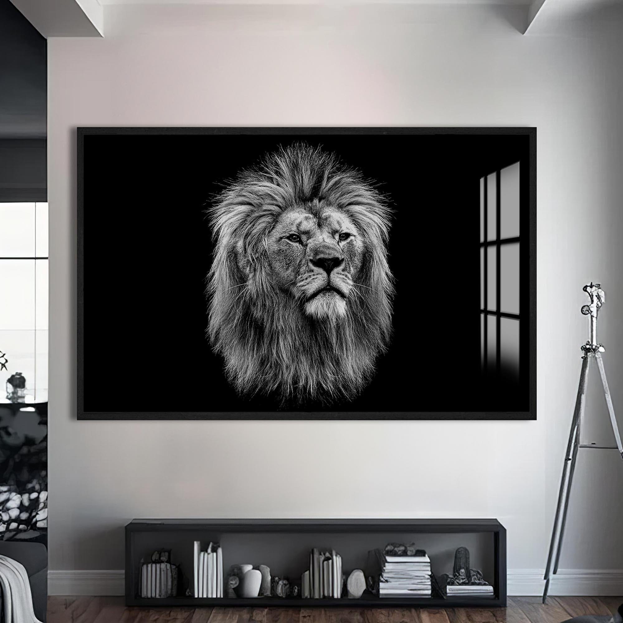 Artronauts Glass Print S | 72x46 cm | 28.3"x18.1" / Black Noble Gaze Lion – Animal Tempered Glass Wall Art