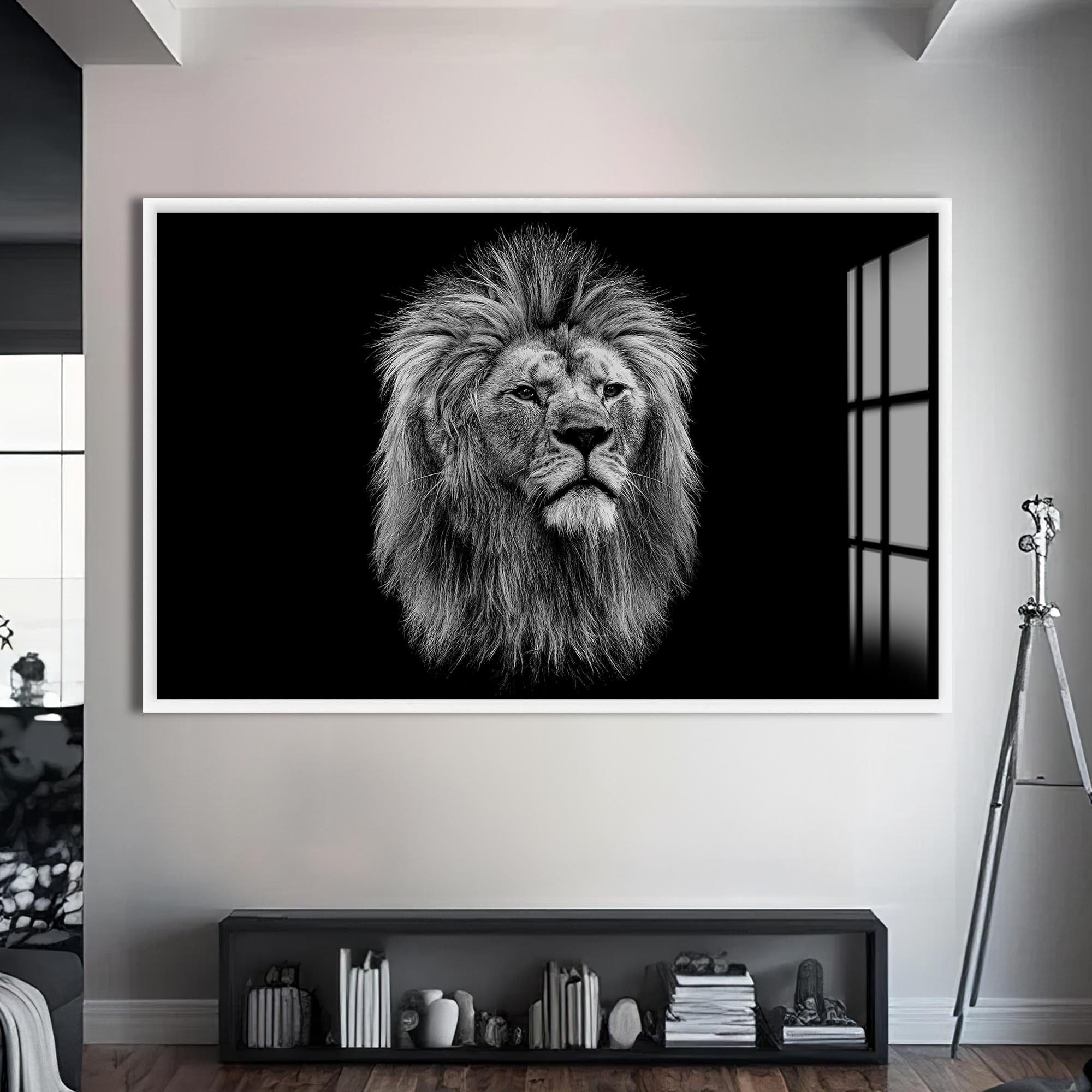Artronauts Glass Print S | 72x46 cm | 28.3"x18.1" / White Noble Gaze Lion – Animal Tempered Glass Wall Art