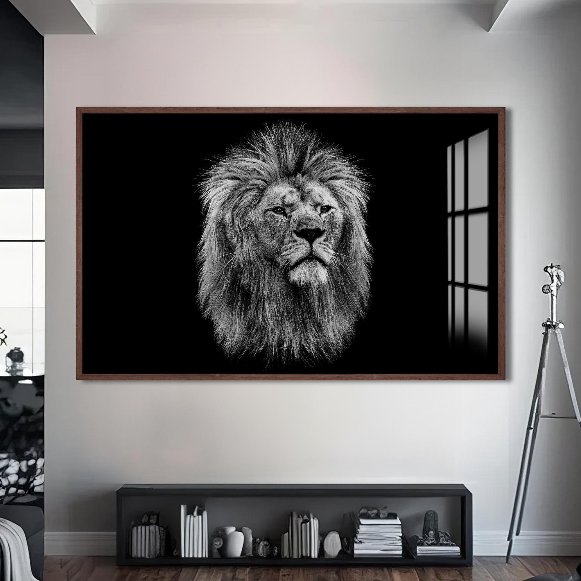 Artronauts Glass Print S | 72x46 cm | 28.3"x18.1" / Walnut Noble Gaze Lion – Animal Tempered Glass Wall Art
