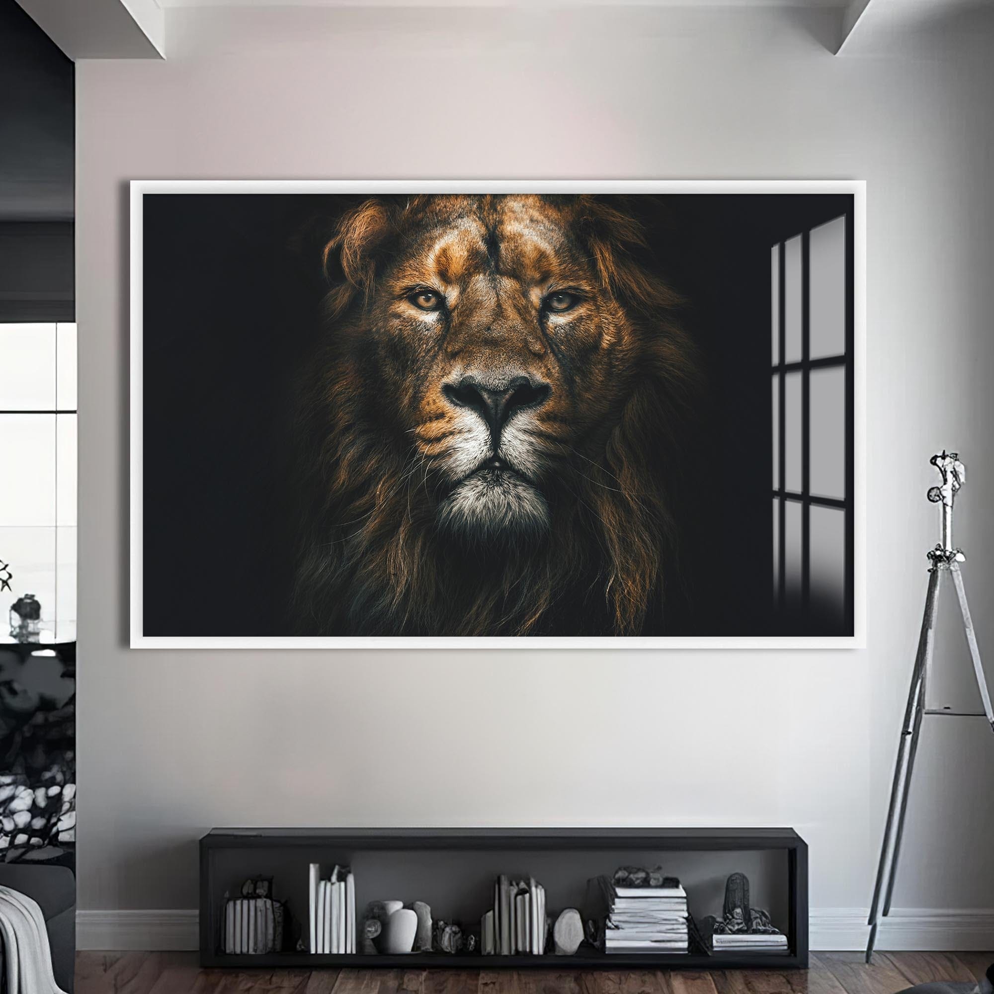 Artronauts Glass Print S | 72x46 cm | 28.3"x18.1" / White Regal Light Lion – Animal Tempered Glass Wall Art