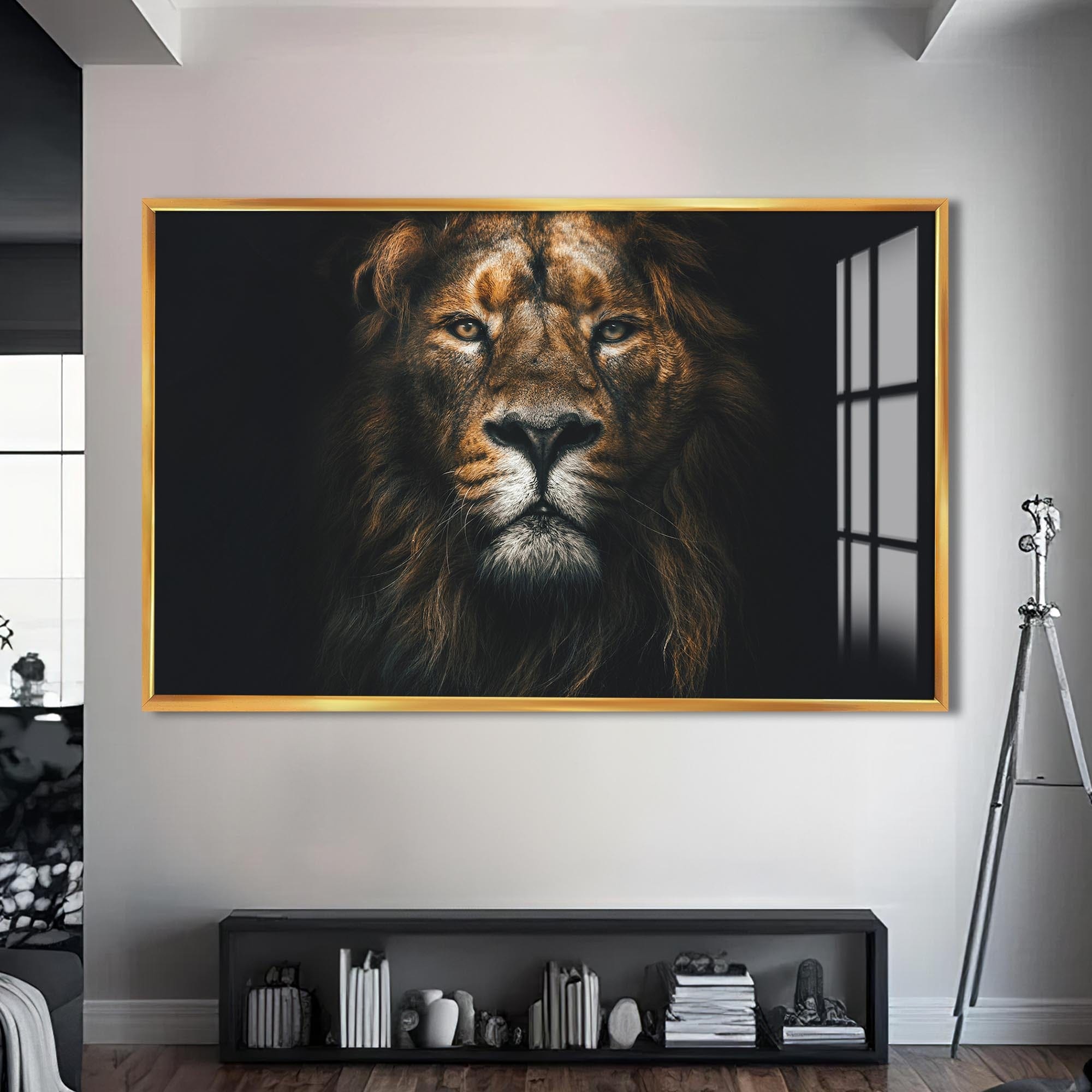 Artronauts Glass Print S | 72x46 cm | 28.3"x18.1" / Gold Regal Light Lion – Animal Tempered Glass Wall Art